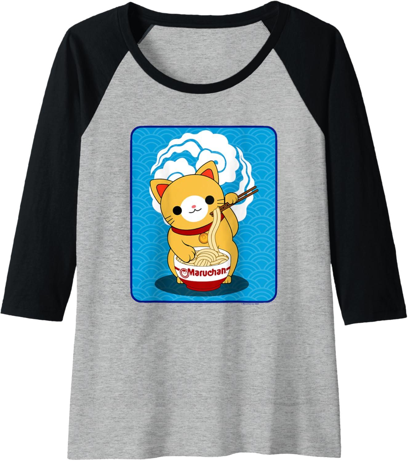 image:imageMaruchan Cat Eating Ramen Noodles Raglan Baseball TeeBlackAthletic Heather