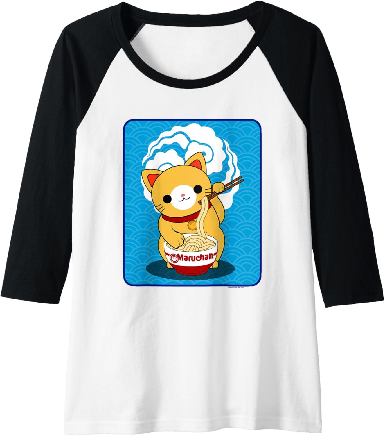 image:imageMaruchan Cat Eating Ramen Noodles Raglan Baseball TeeBlackWhite