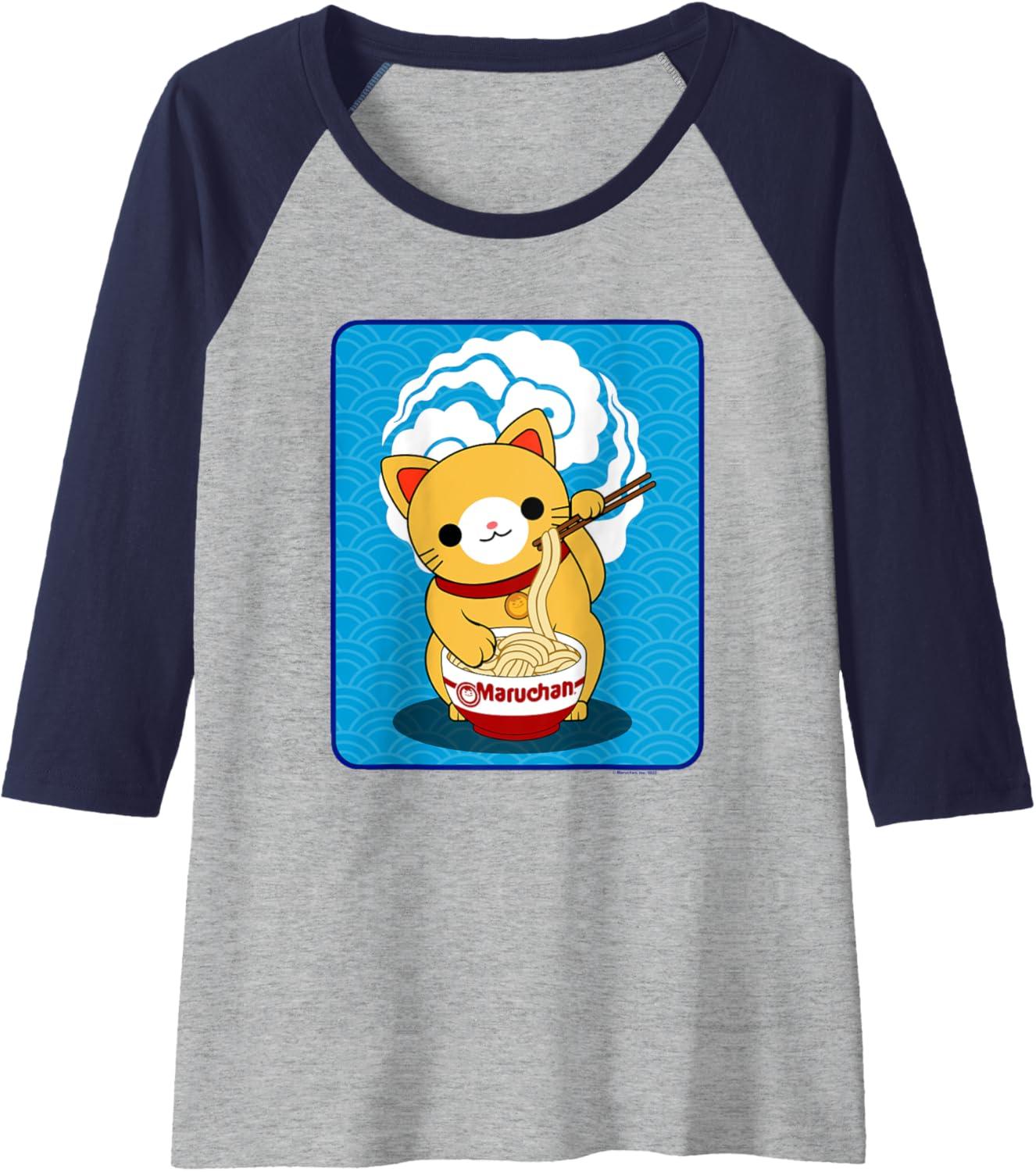 image:imageMaruchan Cat Eating Ramen Noodles Raglan Baseball TeeNavy BlueAthletic Heather