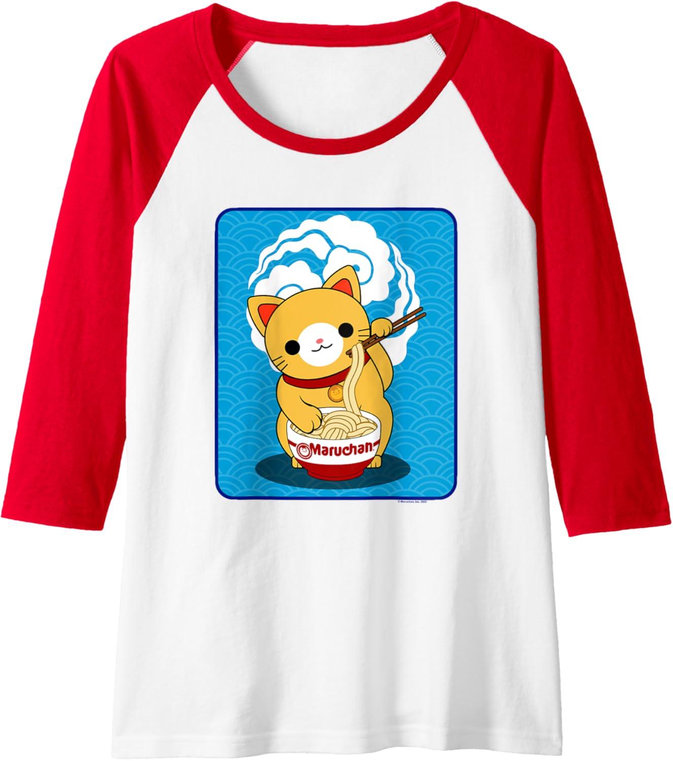 image:imageMaruchan Cat Eating Ramen Noodles Raglan Baseball TeeRedWhite