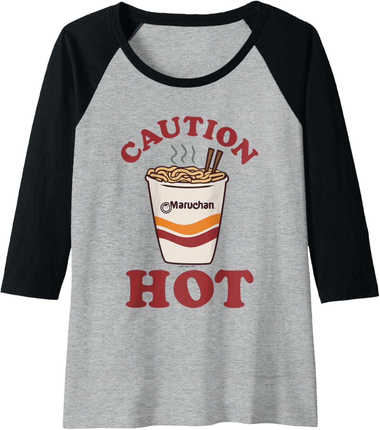 image:imageMaruchan Caution Hot Steaming Noodle Cup Raglan Baseball TeeBlackAthletic Heather
