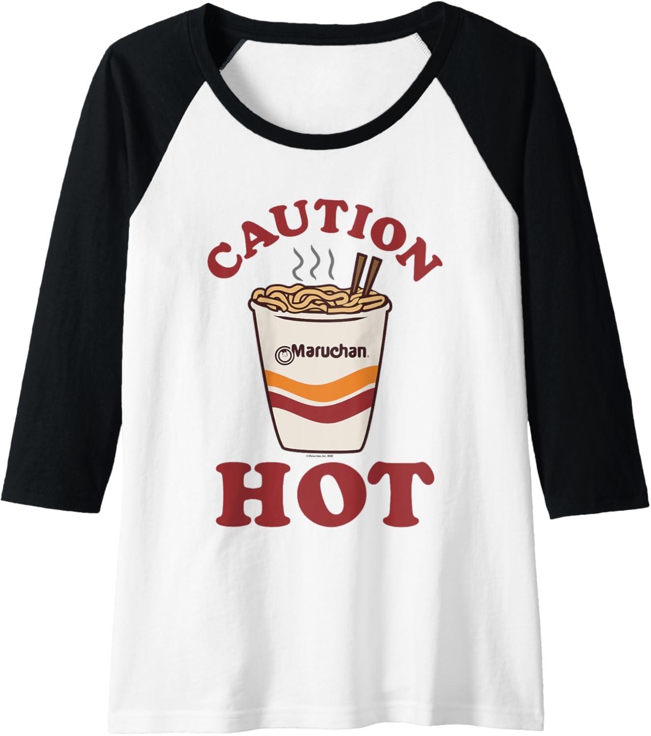 image:imageMaruchan Caution Hot Steaming Noodle Cup Raglan Baseball TeeBlackWhite