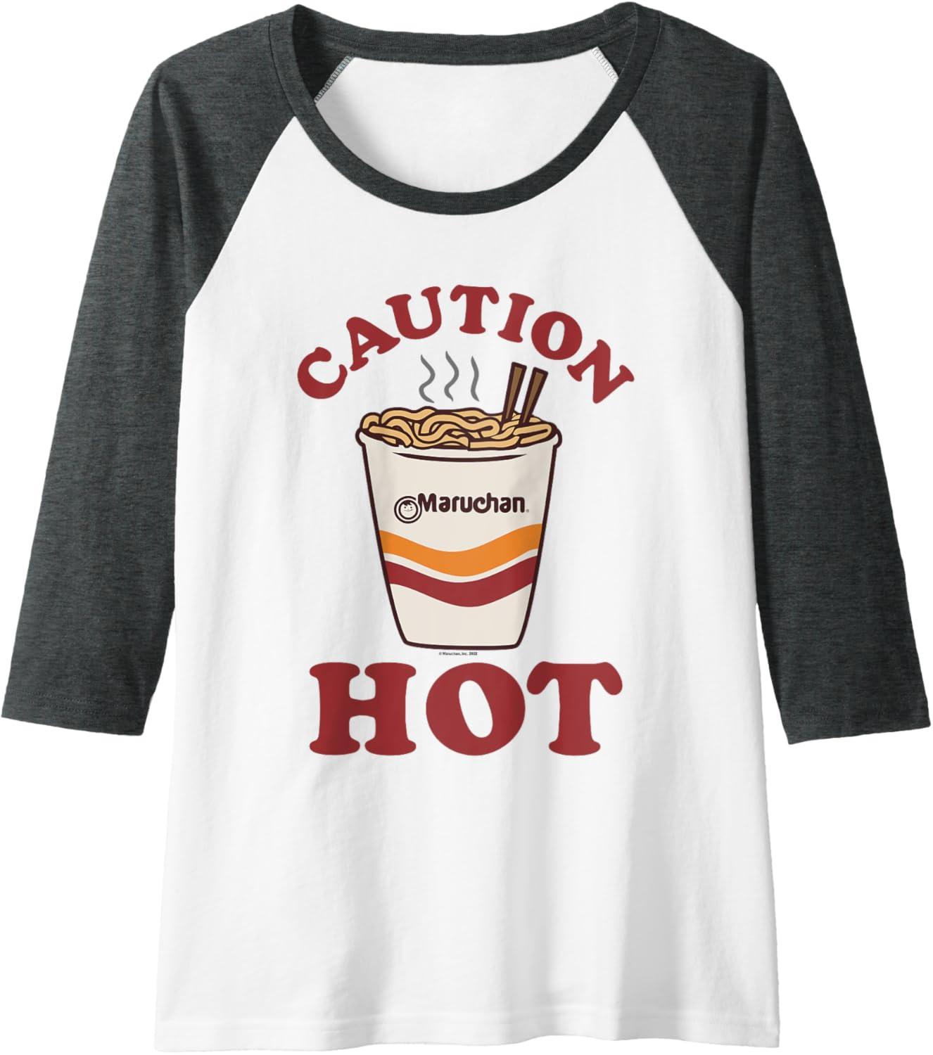 image:imageMaruchan Caution Hot Steaming Noodle Cup Raglan Baseball TeeDark Heather GreyWhite