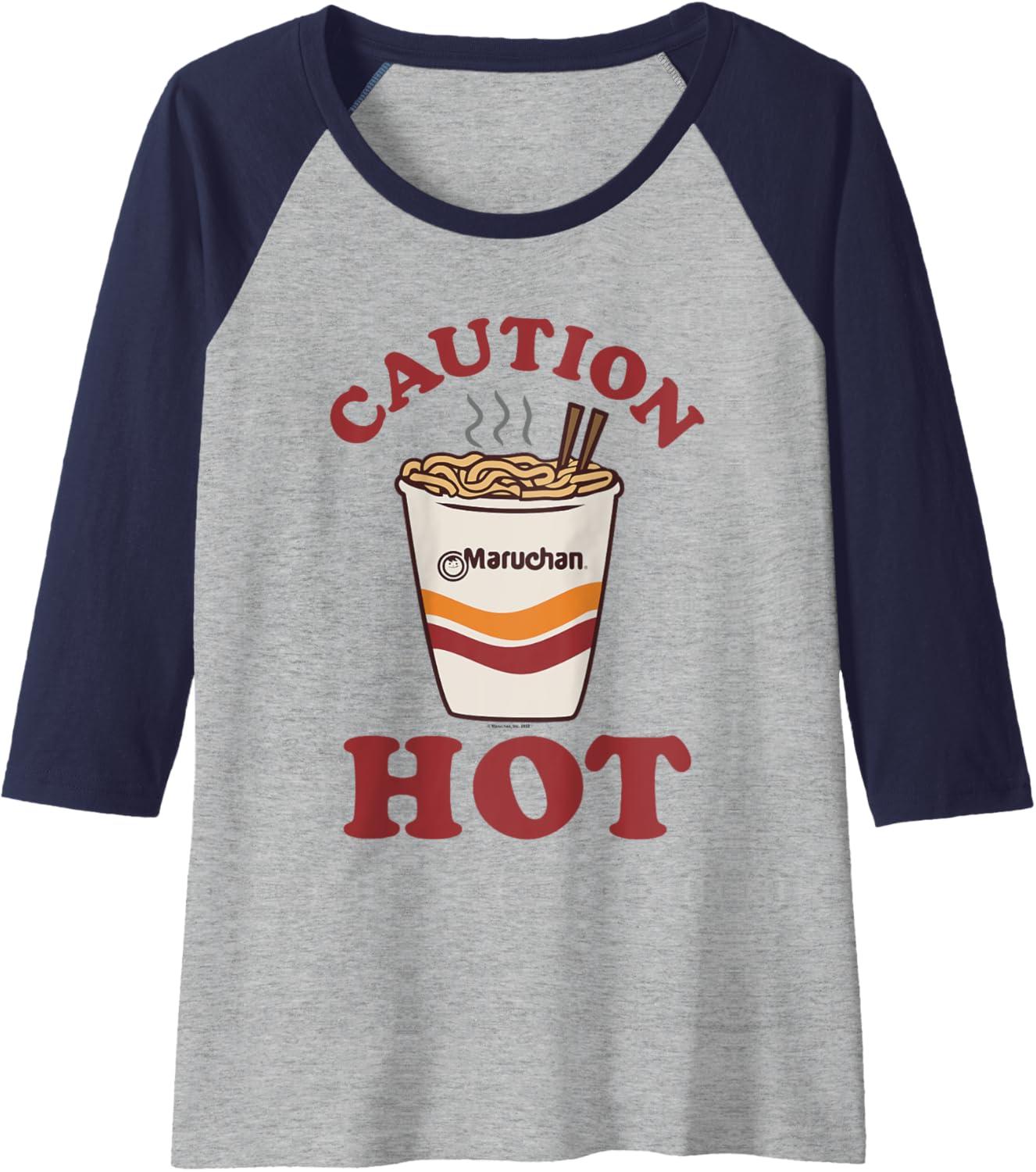 image:imageMaruchan Caution Hot Steaming Noodle Cup Raglan Baseball TeeNavy BlueAthletic Heather