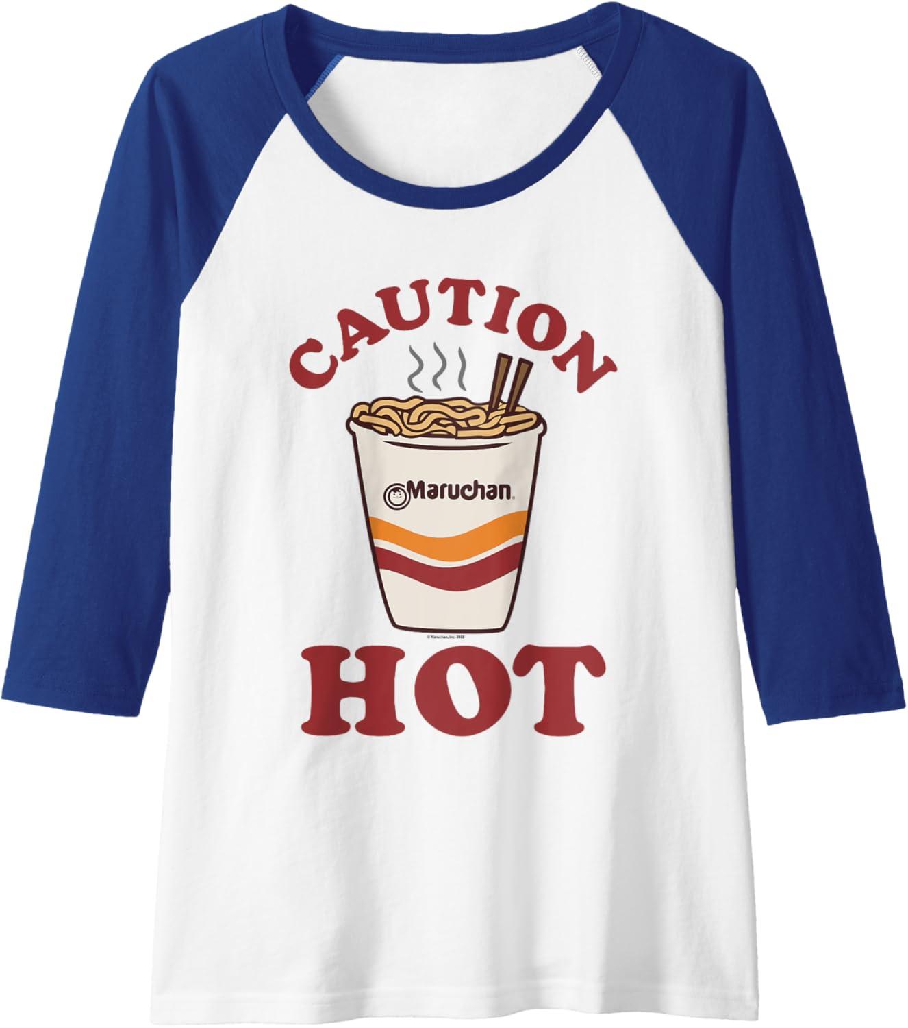 image:imageMaruchan Caution Hot Steaming Noodle Cup Raglan Baseball TeeRoyal BlueWhite