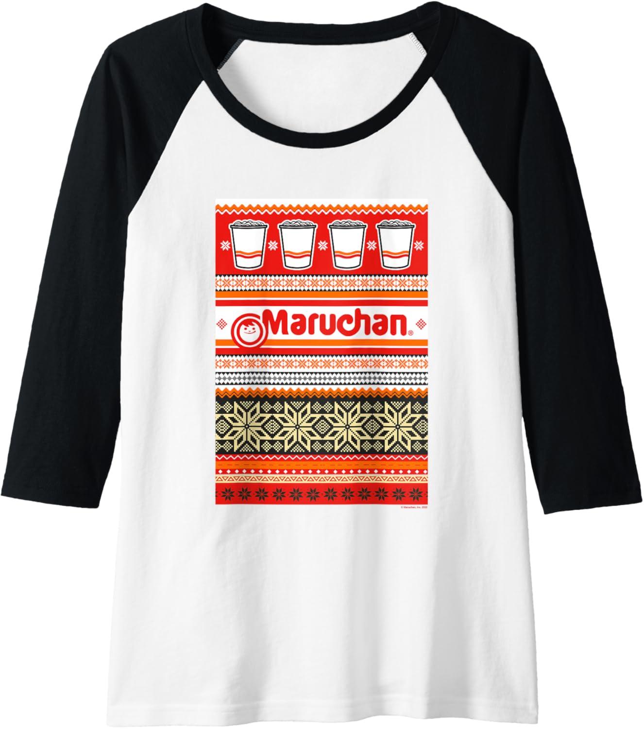 image:imageMaruchan Christmas Instant Lunch Ugly Sweater Style Raglan Baseball TeeBlackWhite