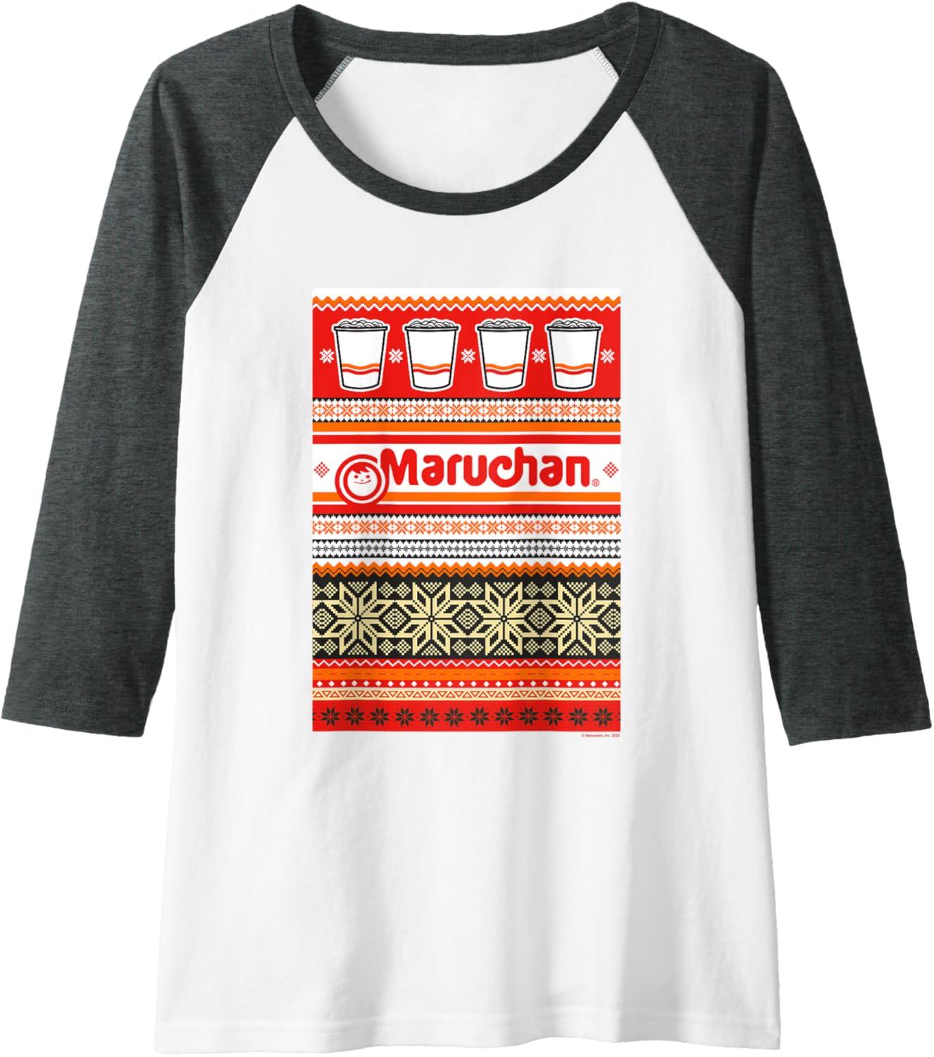 image:imageMaruchan Christmas Instant Lunch Ugly Sweater Style Raglan Baseball TeeDark Heather GreyWhite