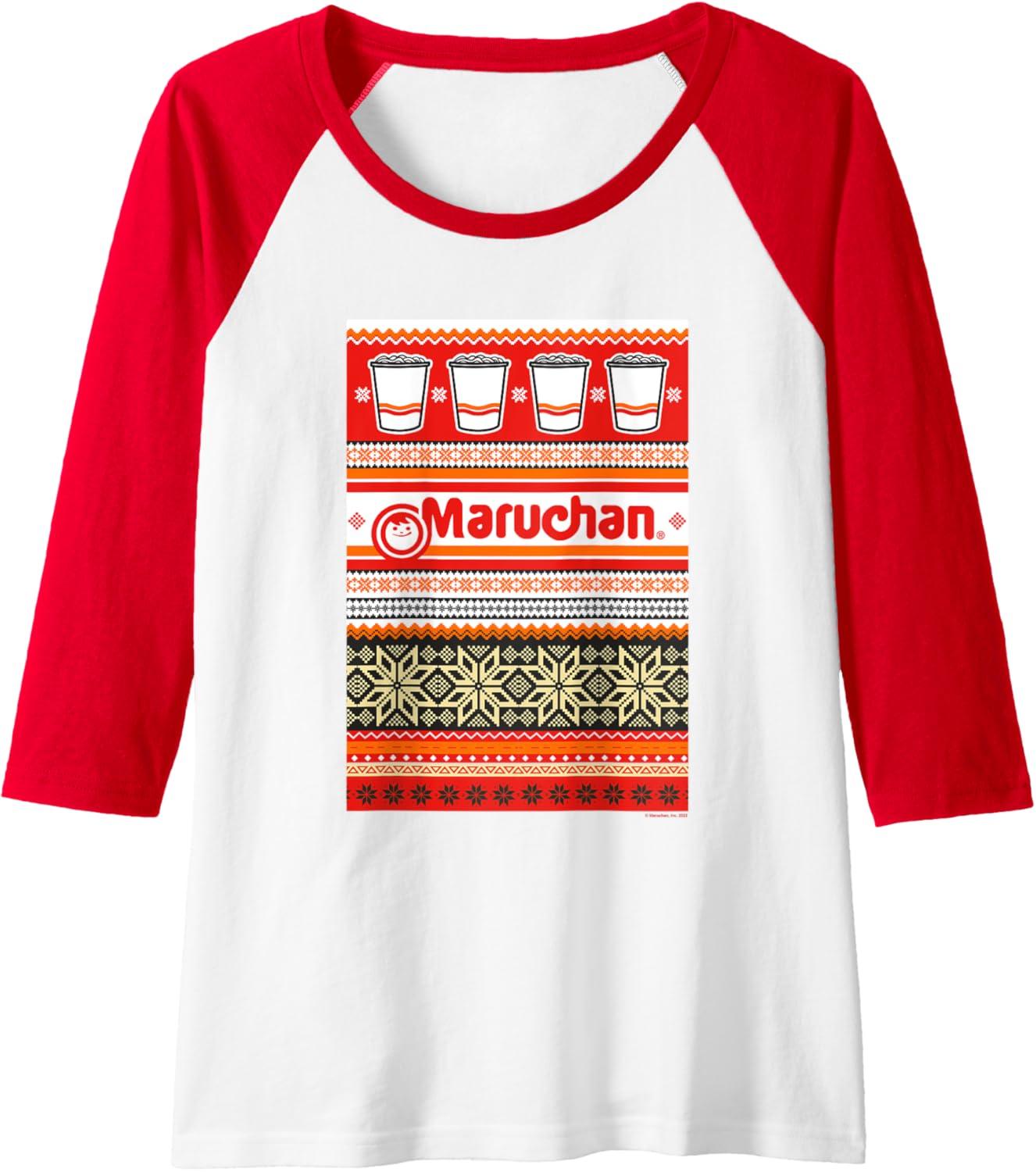 image:imageMaruchan Christmas Instant Lunch Ugly Sweater Style Raglan Baseball TeeRedWhite
