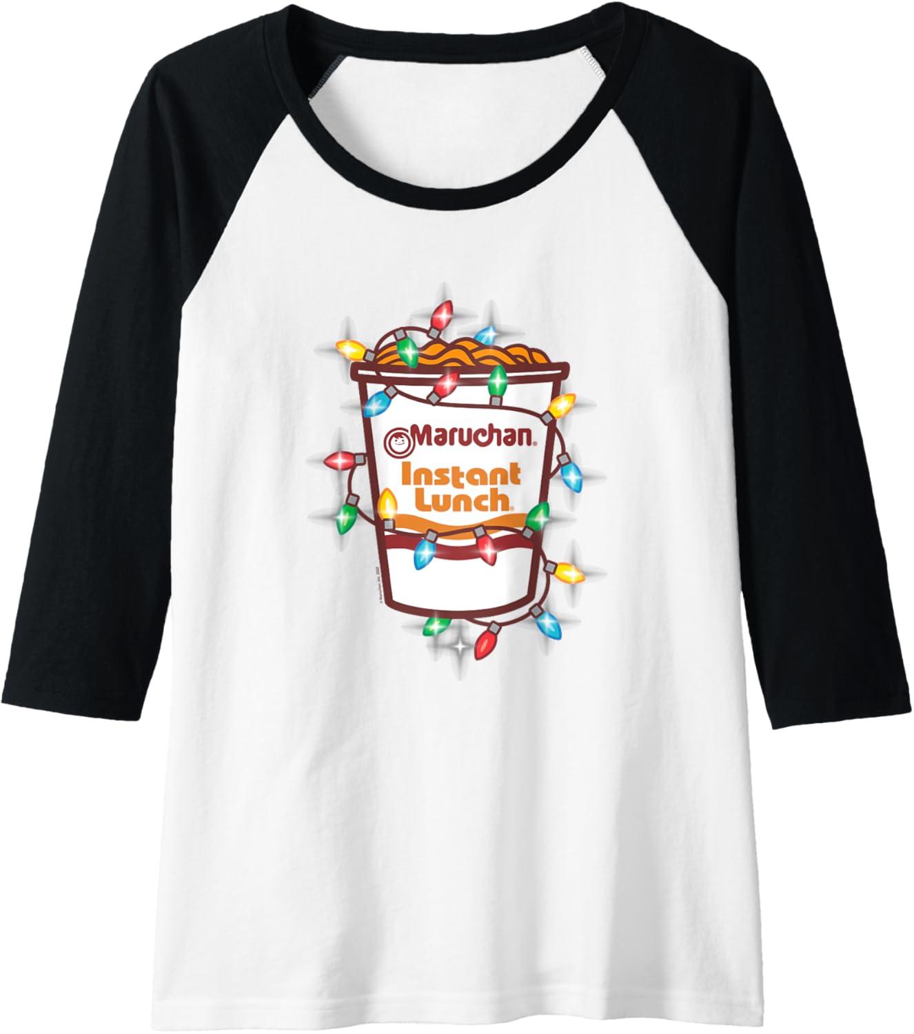 image:imageMaruchan Christmas Lights Holiday Season Reman Cup Logo Raglan Baseball TeeBlackWhite