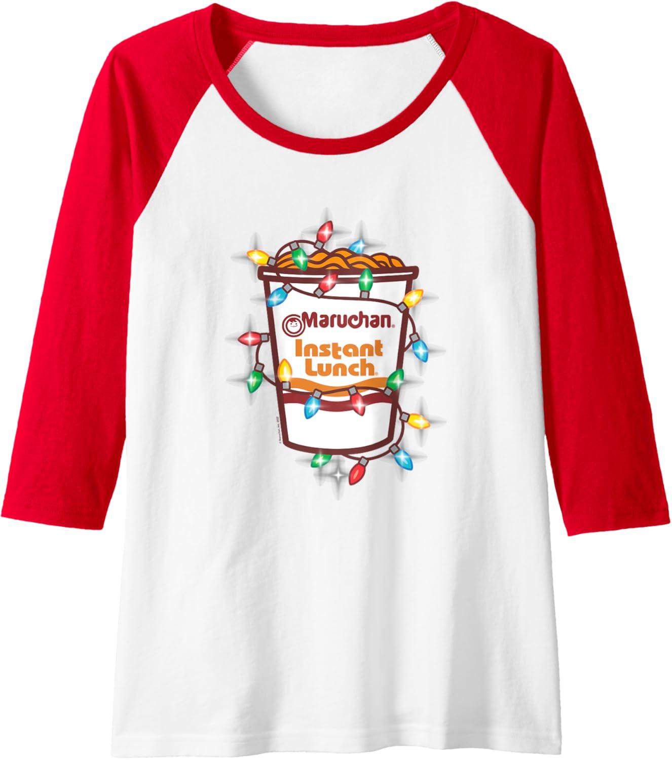 image:imageMaruchan Christmas Lights Holiday Season Reman Cup Logo Raglan Baseball TeeRedWhite