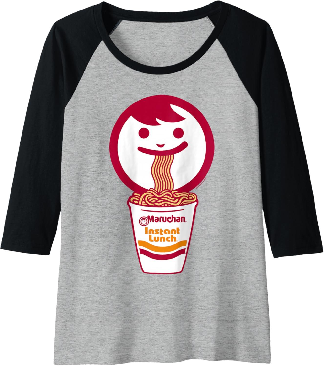 image:imageMaruchan Happy Face Eating Ramen Noodles Raglan Baseball TeeBlackAthletic Heather