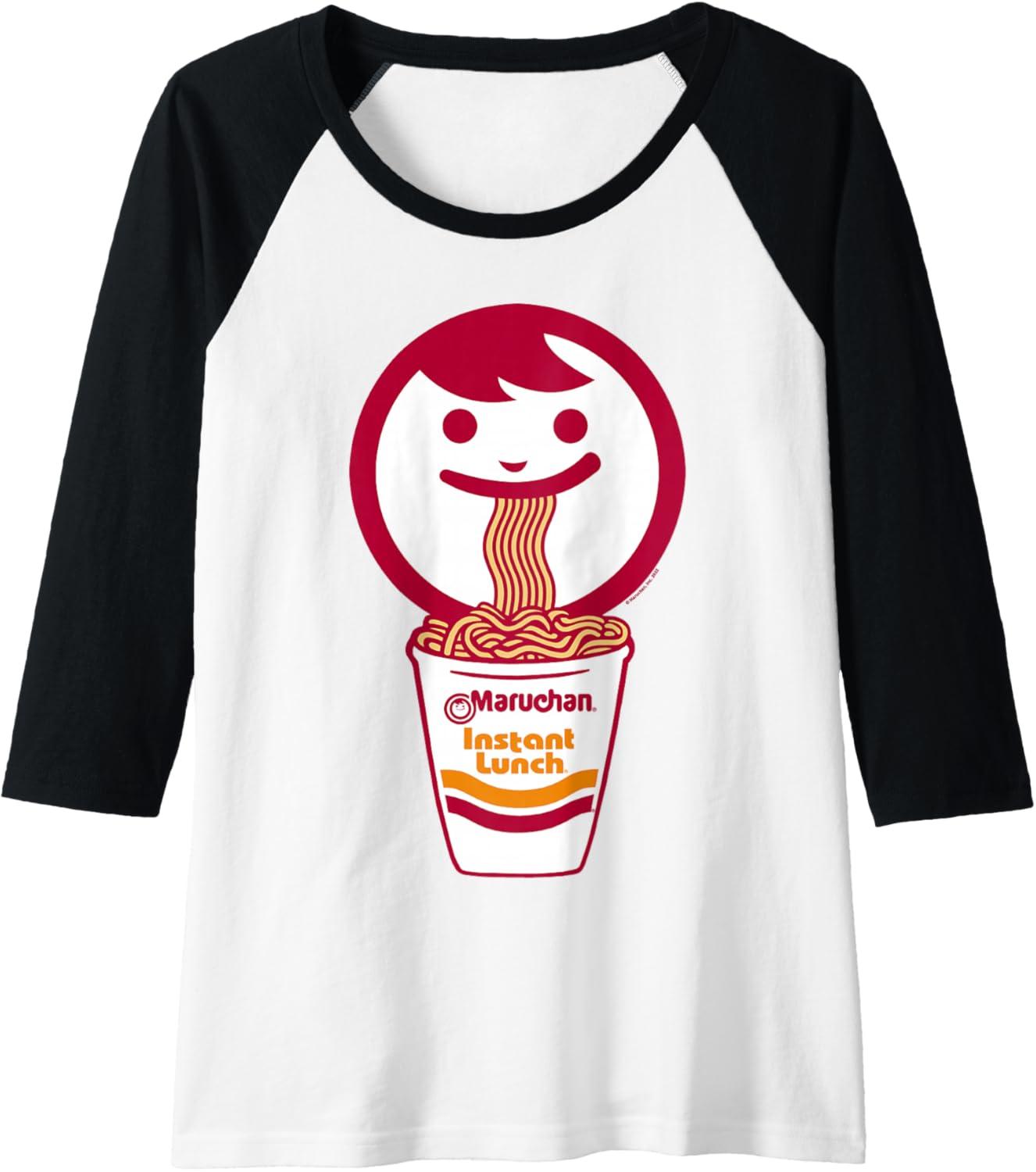 image:imageMaruchan Happy Face Eating Ramen Noodles Raglan Baseball TeeBlackWhite