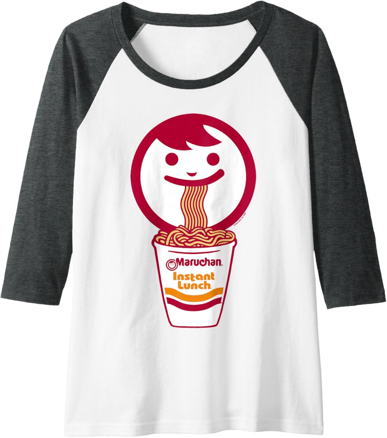 image:imageMaruchan Happy Face Eating Ramen Noodles Raglan Baseball TeeDark Heather GreyWhite