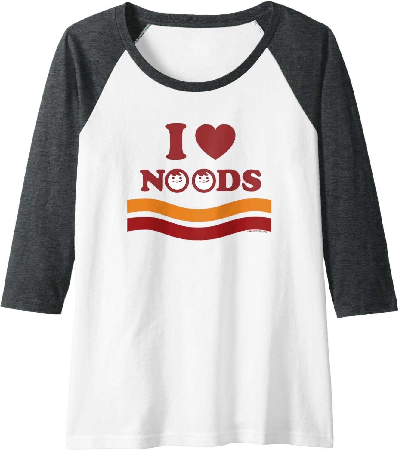 image:imageMaruchan I Heart Noods Humor Logo Raglan Baseball TeeDark Heather GreyWhite