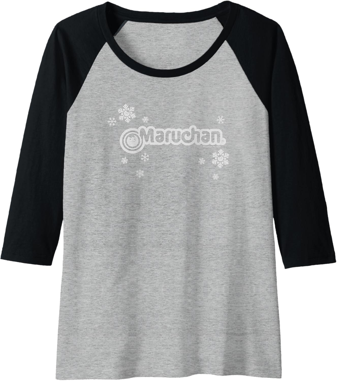 image:imageMaruchan Instant Lunch Christmas Snow Flakes Holiday Logo Raglan Baseball TeeBlackAthletic Heather