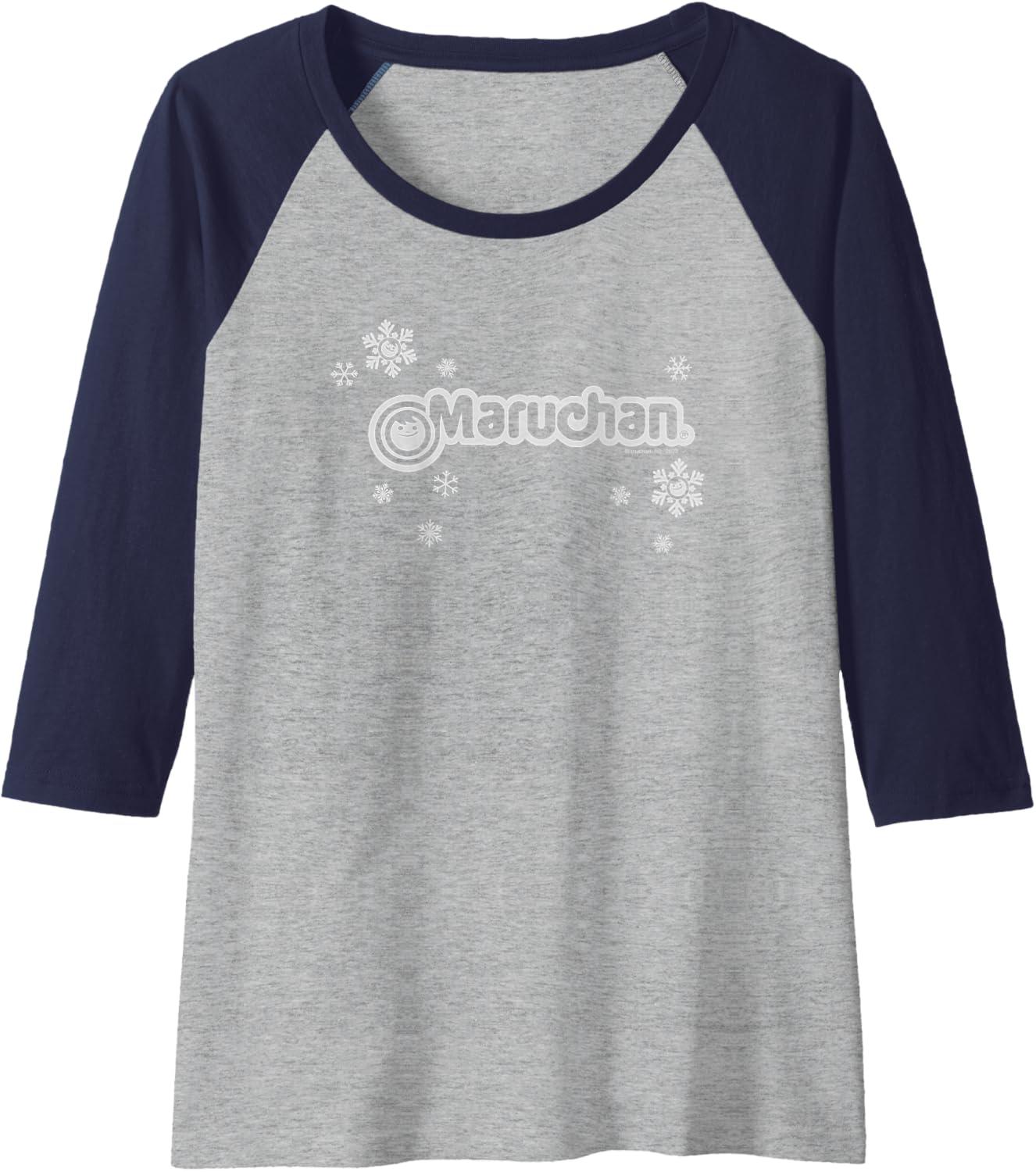 image:imageMaruchan Instant Lunch Christmas Snow Flakes Holiday Logo Raglan Baseball TeeNavy BlueAthletic Heather