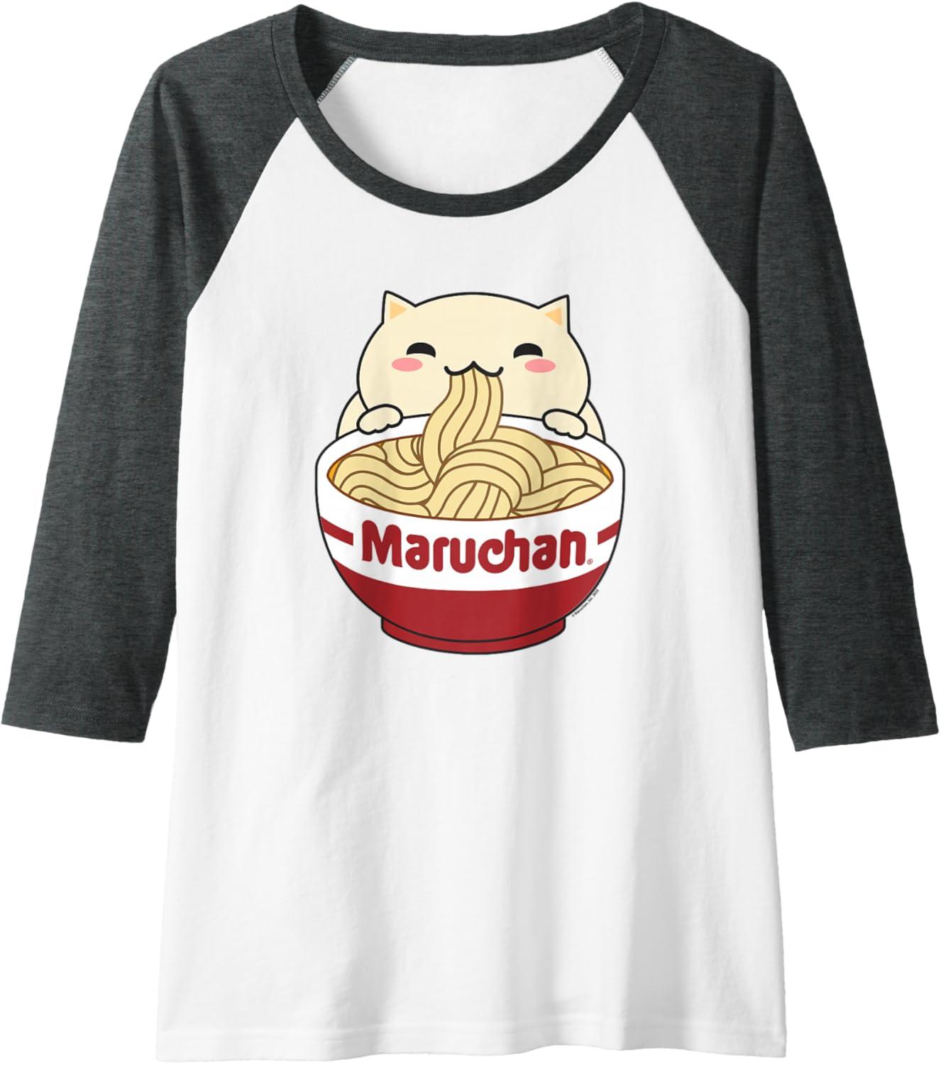 image:imageMaruchan Instant Lunch Cute Cat Ramen Bowl Logo Raglan Baseball TeeDark Heather GreyWhite