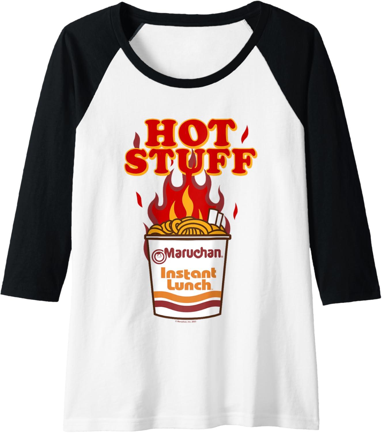 image:imageMaruchan Instant Lunch Hot Stuff Flaming Noodles Retro Shot Raglan Baseball TeeBlackWhite