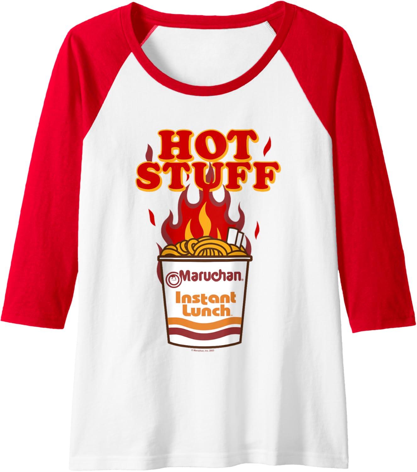 image:imageMaruchan Instant Lunch Hot Stuff Flaming Noodles Retro Shot Raglan Baseball TeeRedWhite