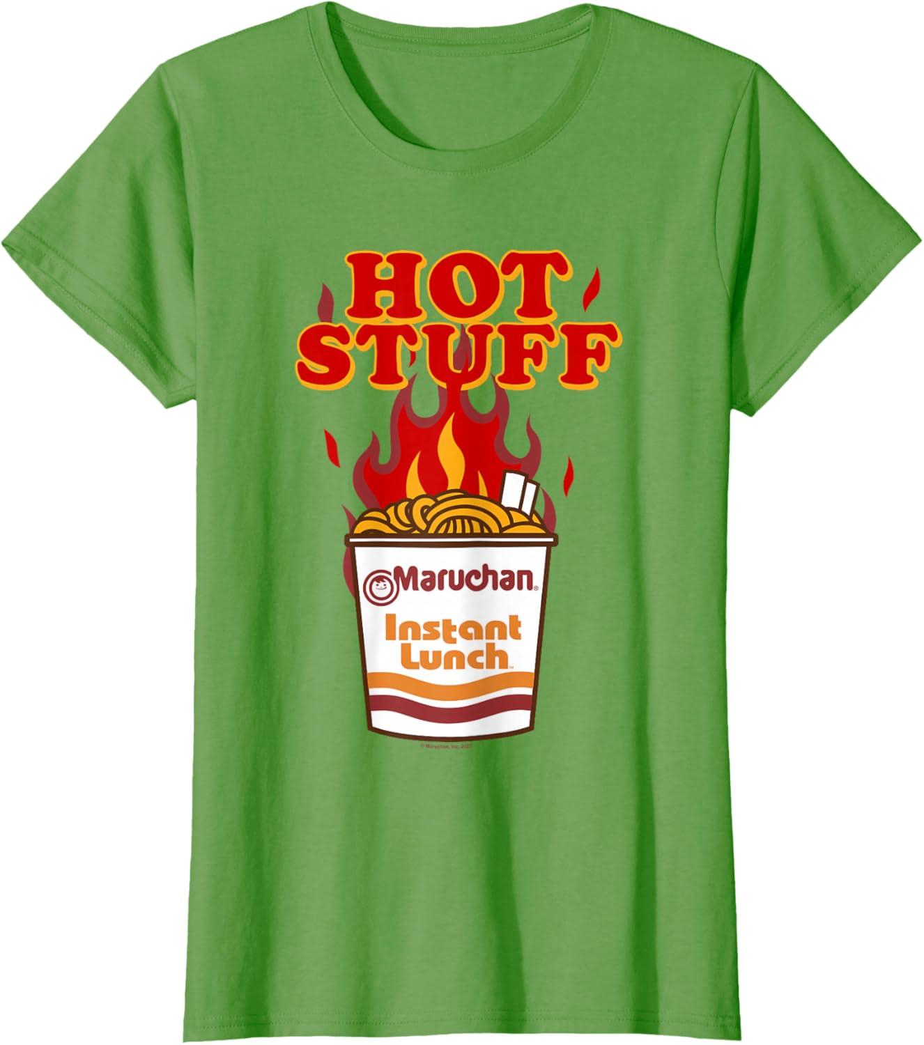image:imageMaruchan Instant Lunch Hot Stuff Flaming Noodles Retro Shot TShirtGrass Green