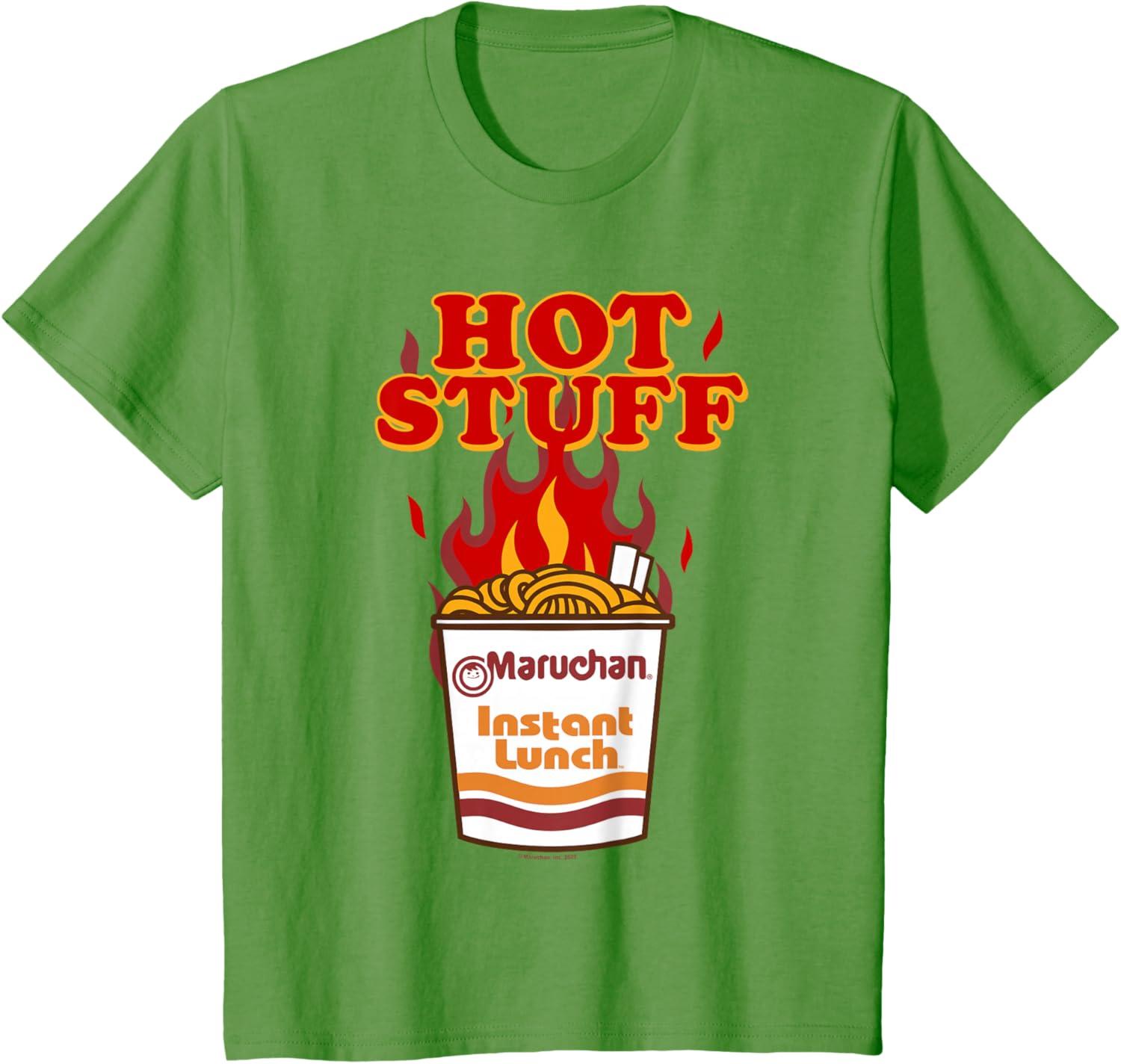image:imageMaruchan Instant Lunch Hot Stuff Flaming Noodles Retro Shot TShirtGrass Green