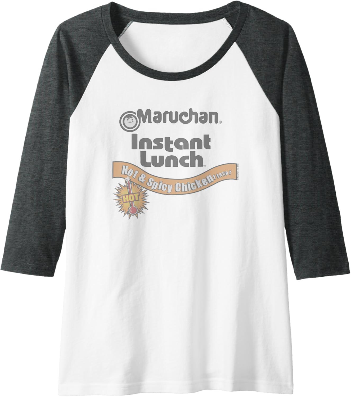 image:imageMaruchan Instant Lunch Hot amp Spicy Chicken Flavor Logo Raglan Baseball TeeDark Heather GreyWhite
