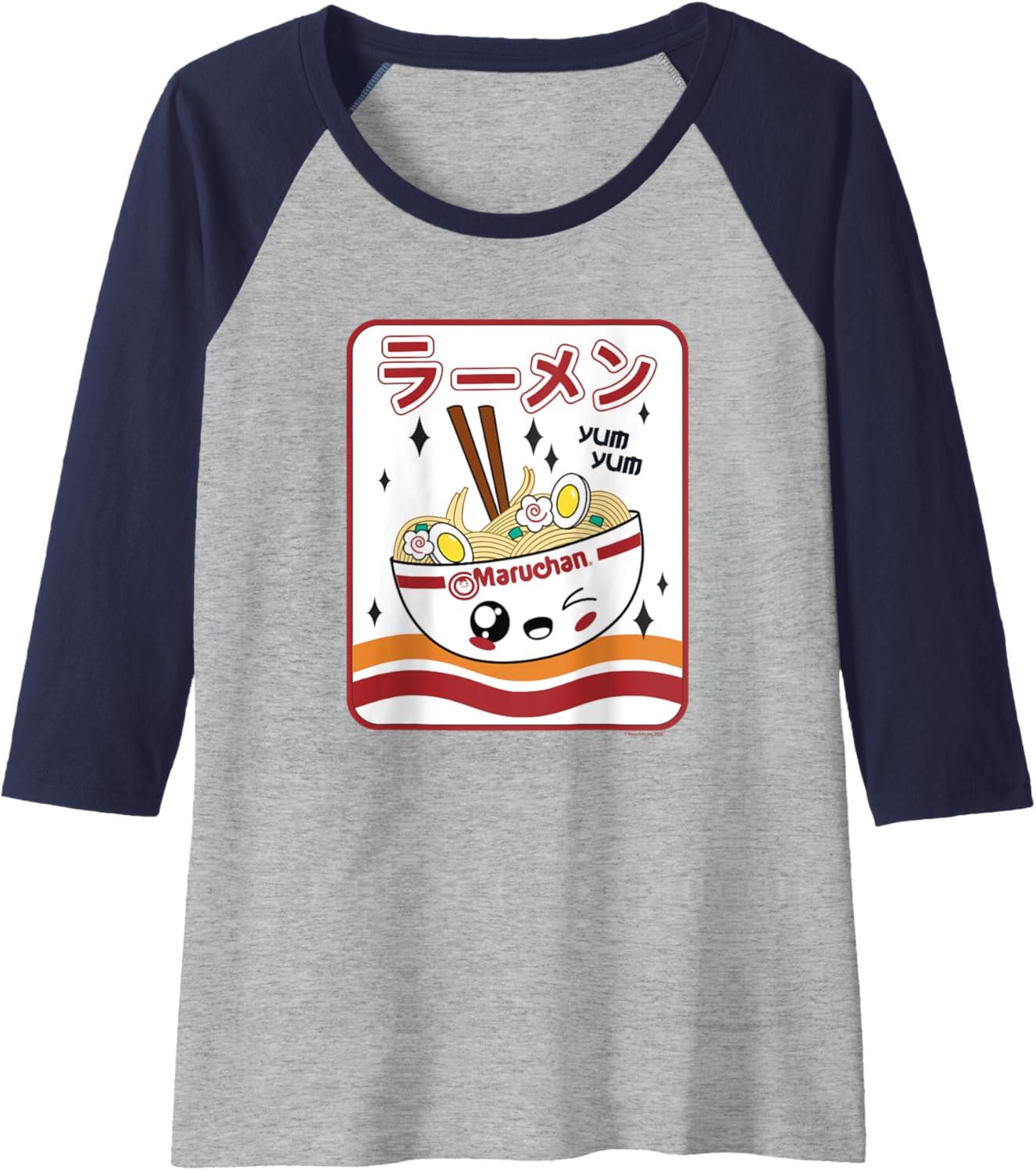 image:imageMaruchan Instant Lunch Kawaii Katakana Ramen Bowl Portrait Raglan Baseball TeeNavy BlueAthletic Heather