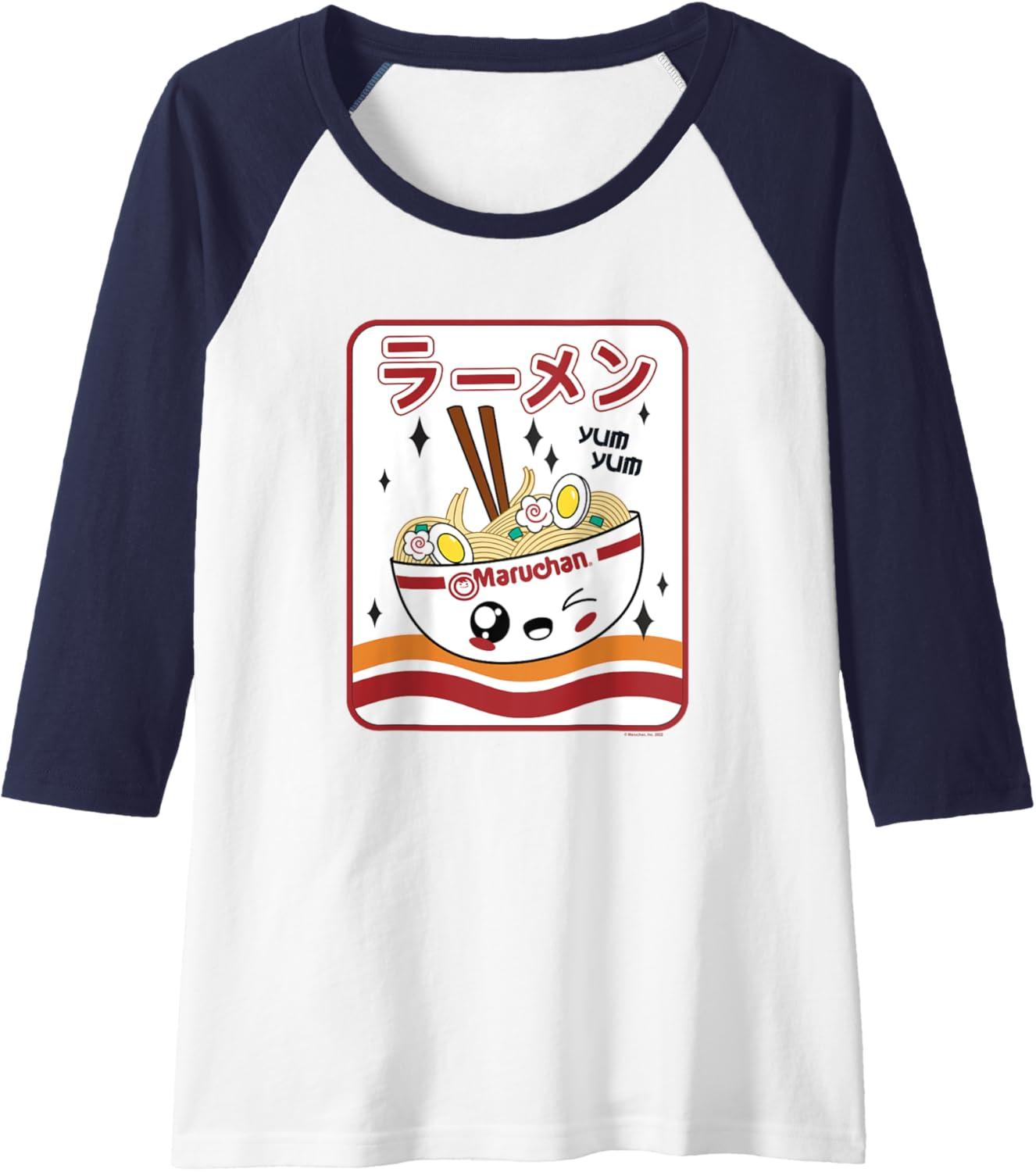 image:imageMaruchan Instant Lunch Kawaii Katakana Ramen Bowl Portrait Raglan Baseball TeeNavy BlueWhite