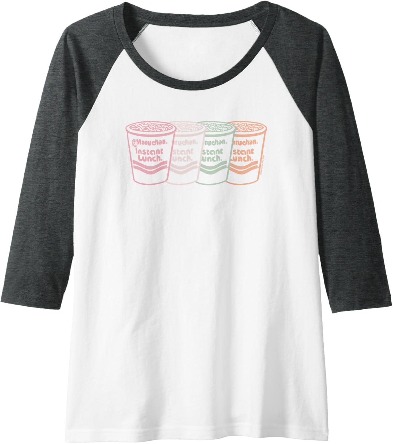 image:imageMaruchan Instant Lunch Multi Cups Colorful Line Art Raglan Baseball TeeDark Heather GreyWhite