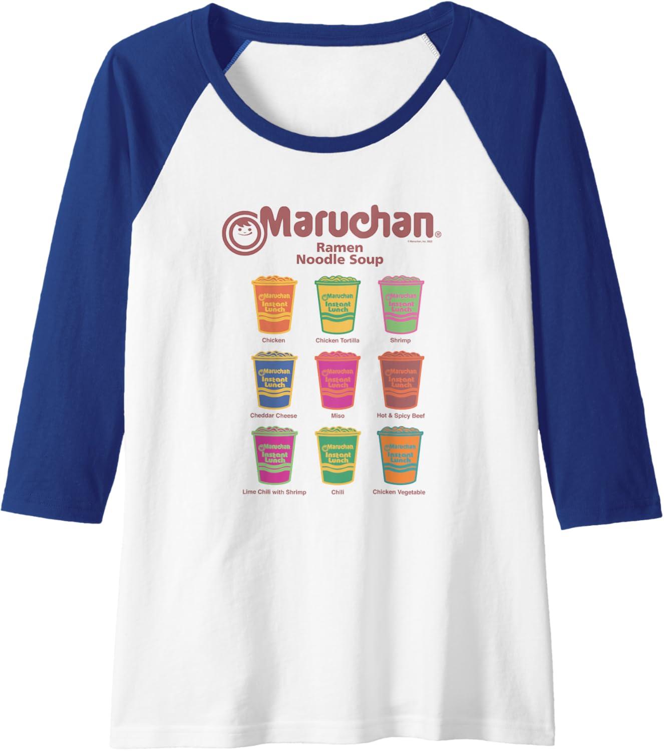 image:imageMaruchan Instant Lunch Noodle Cup Flavors Colour Pop Raglan Baseball TeeRoyal BlueWhite