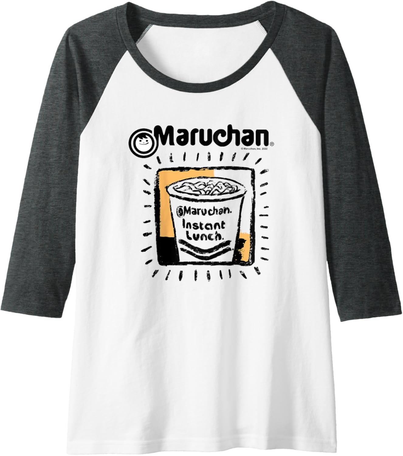 image:imageMaruchan Instant Lunch Ramen Cup Crayon Drawing Logo Raglan Baseball TeeDark Heather GreyWhite