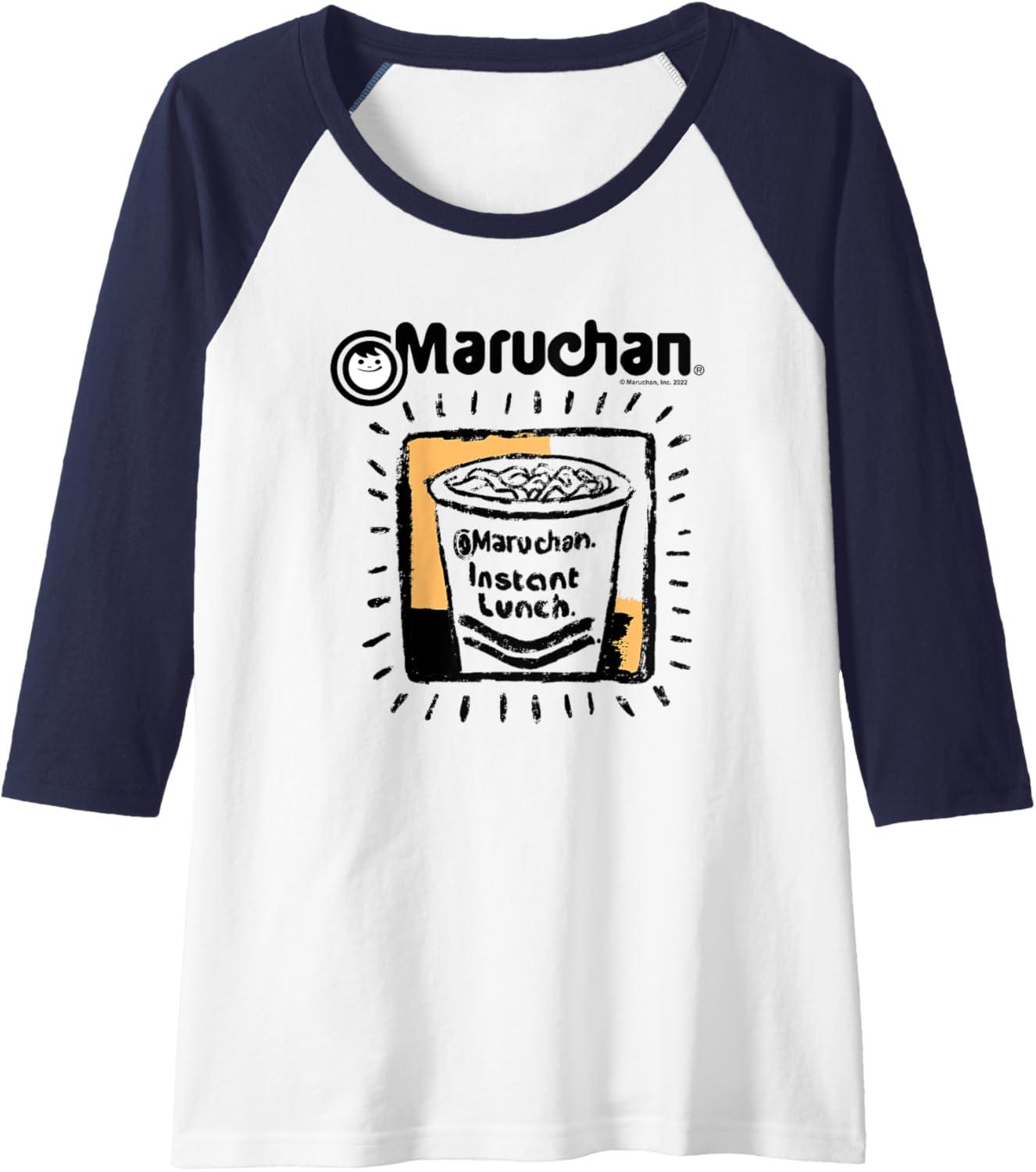 image:imageMaruchan Instant Lunch Ramen Cup Crayon Drawing Logo Raglan Baseball TeeNavy BlueWhite