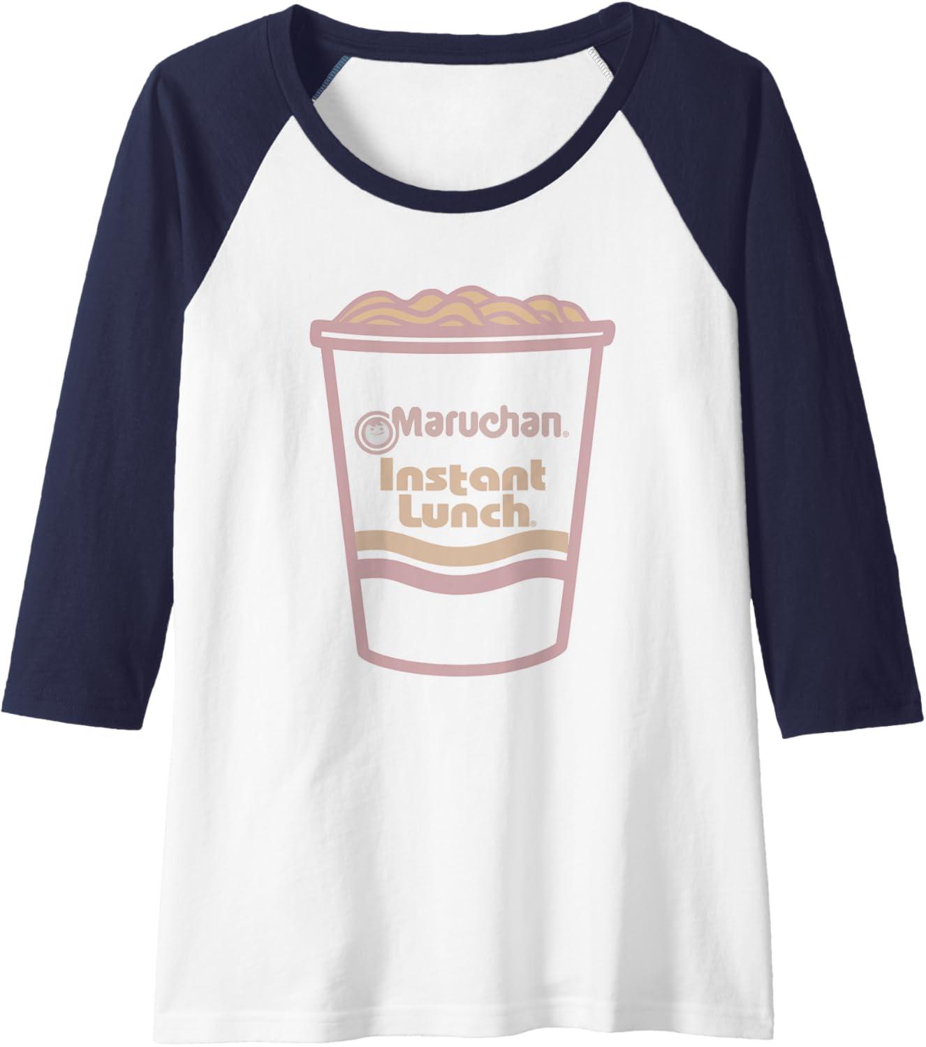 image:imageMaruchan Instant Lunch Ramen Cup Distressed Logo Raglan Baseball TeeNavy BlueWhite