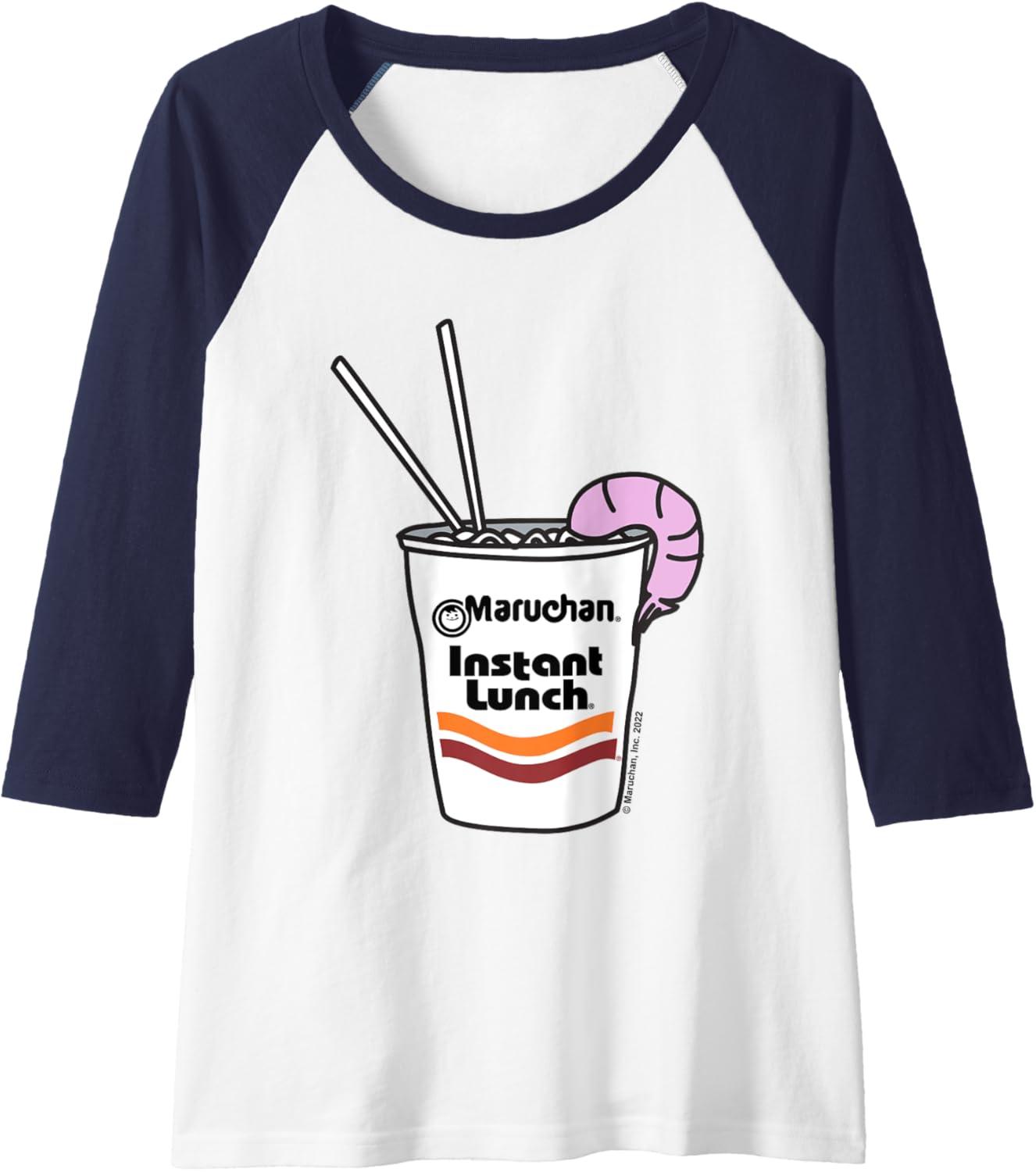 image:imageMaruchan Instant Lunch Ramen Cup Drawing Shrimp Logo Raglan Baseball TeeNavy BlueWhite