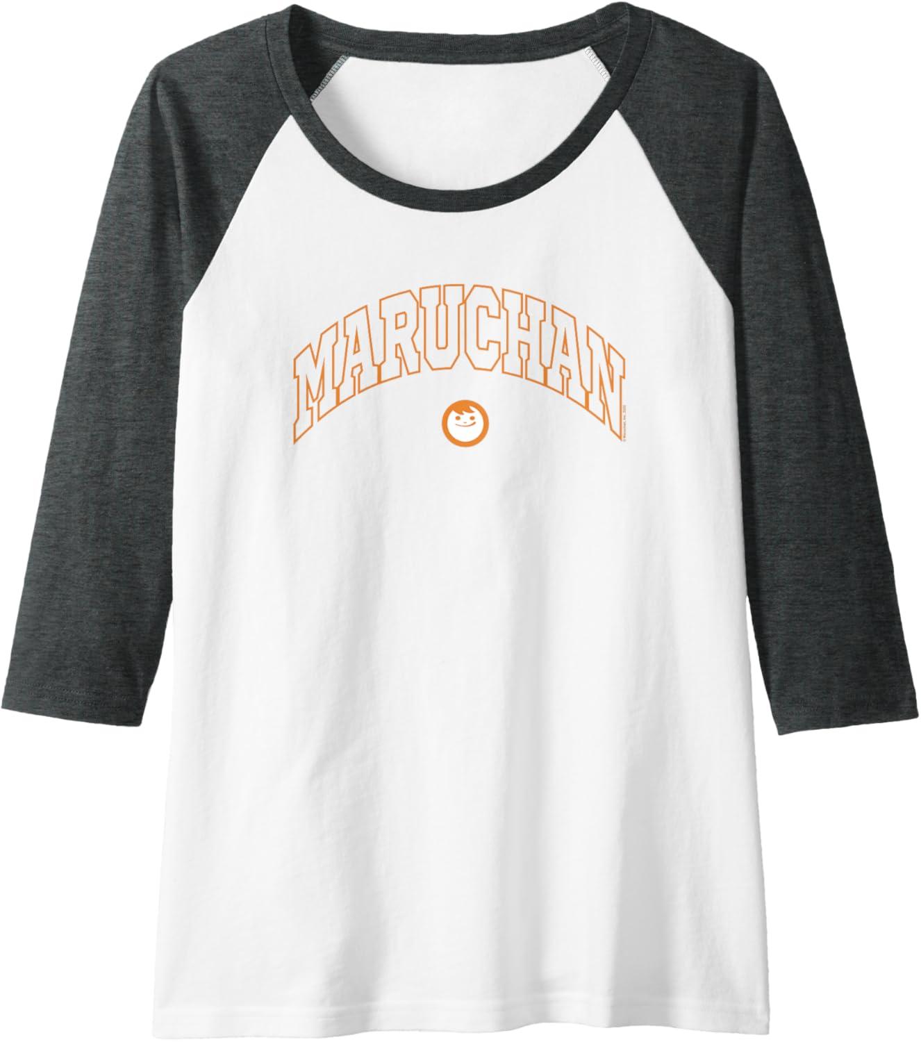 image:imageMaruchan Instant Lunch Varsity Style Font Classic Logo Raglan Baseball TeeDark Heather GreyWhite