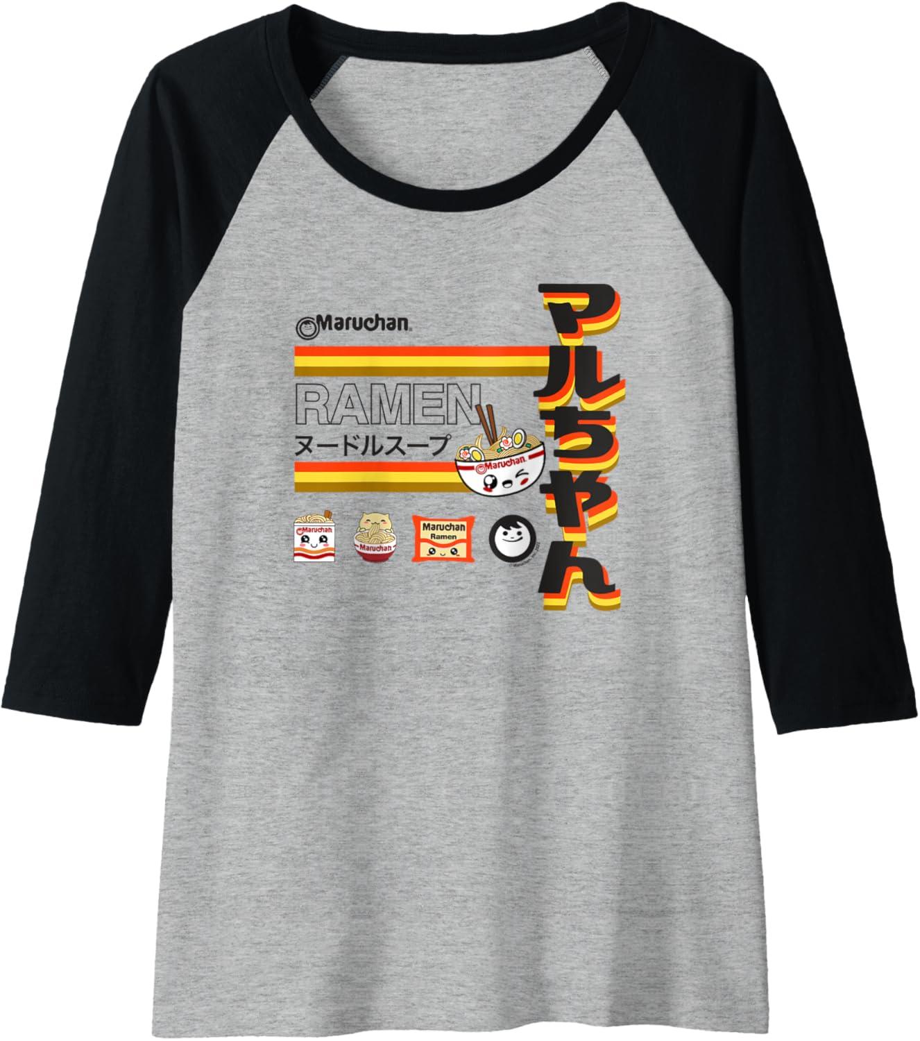 image:imageMaruchan Ramen Cute Anime Faces Poster Raglan Baseball TeeBlackAthletic Heather