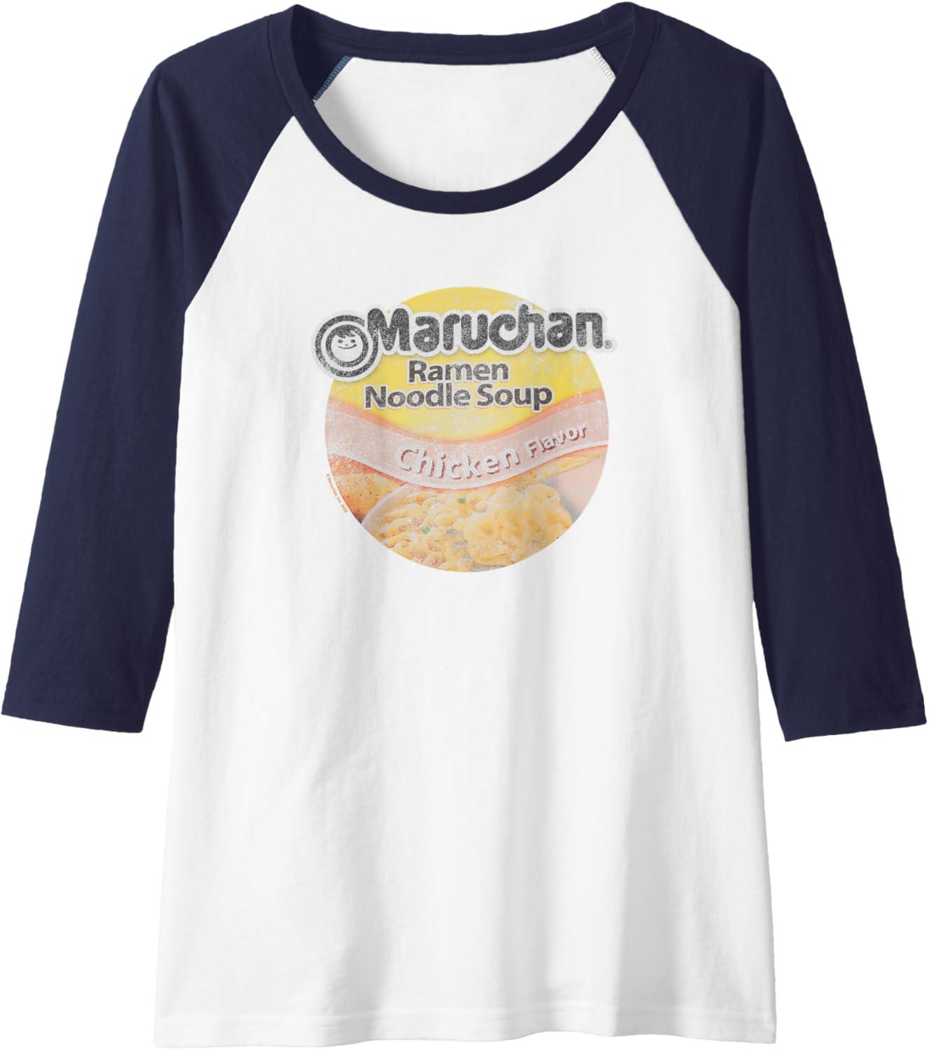image:imageMaruchan Ramen Noodle Soup Chicken Flavor Vintage Logo Raglan Baseball TeeNavy BlueWhite