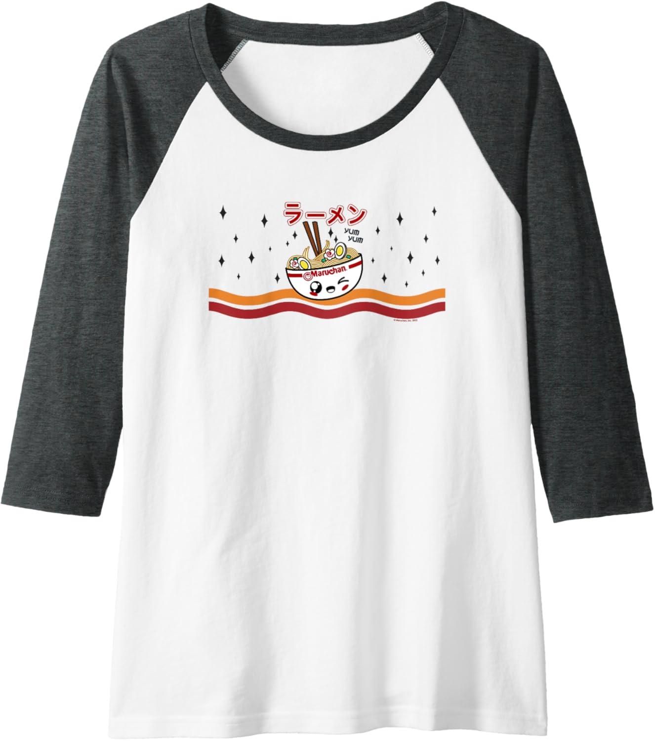 image:imageMaruchan Winking Anime Noodle Bowl Raglan Baseball TeeDark Heather GreyWhite
