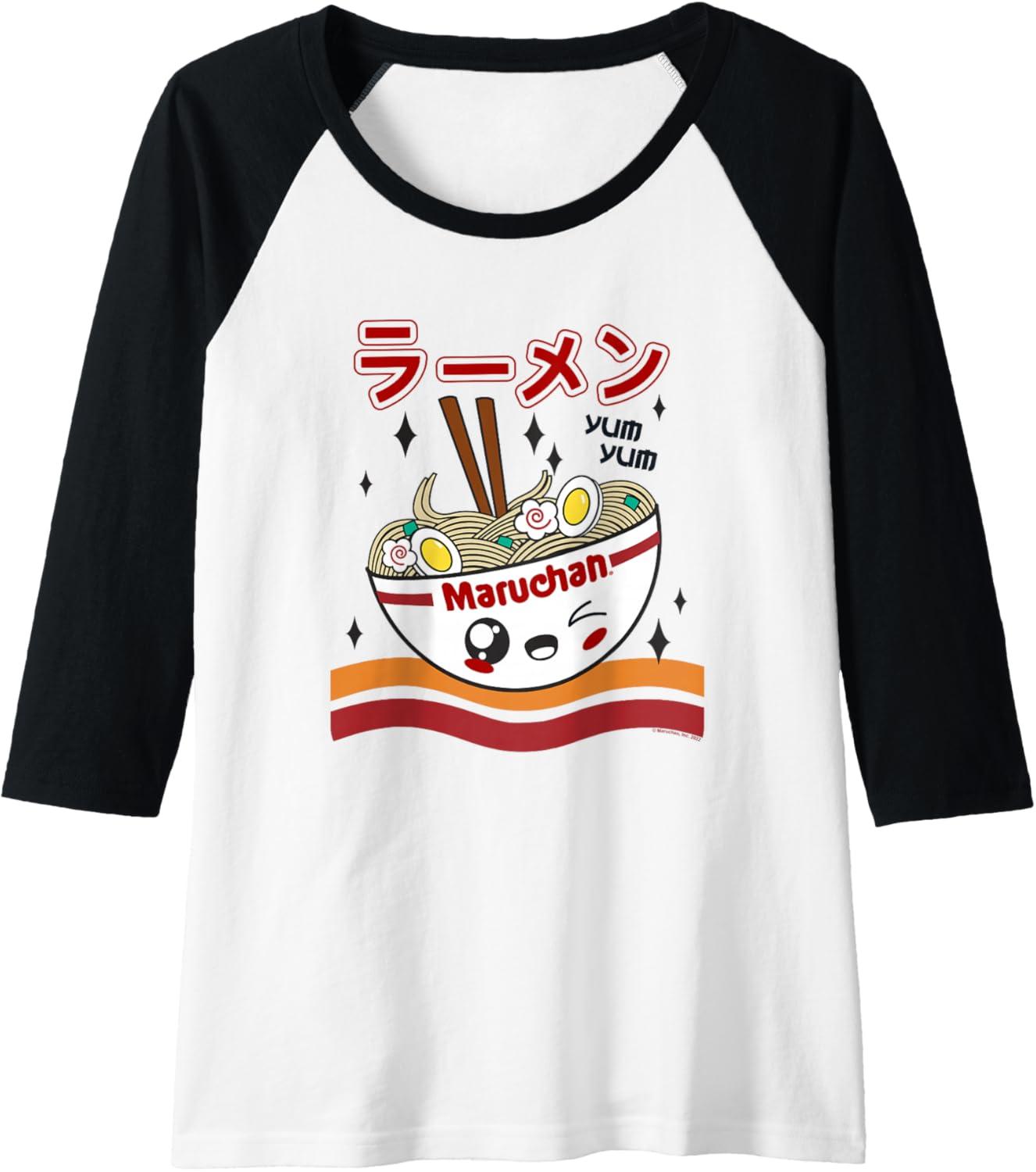 image:imageMaruchan Yum Yum Winking Noodle Bowl Poster Raglan Baseball TeeBlackWhite