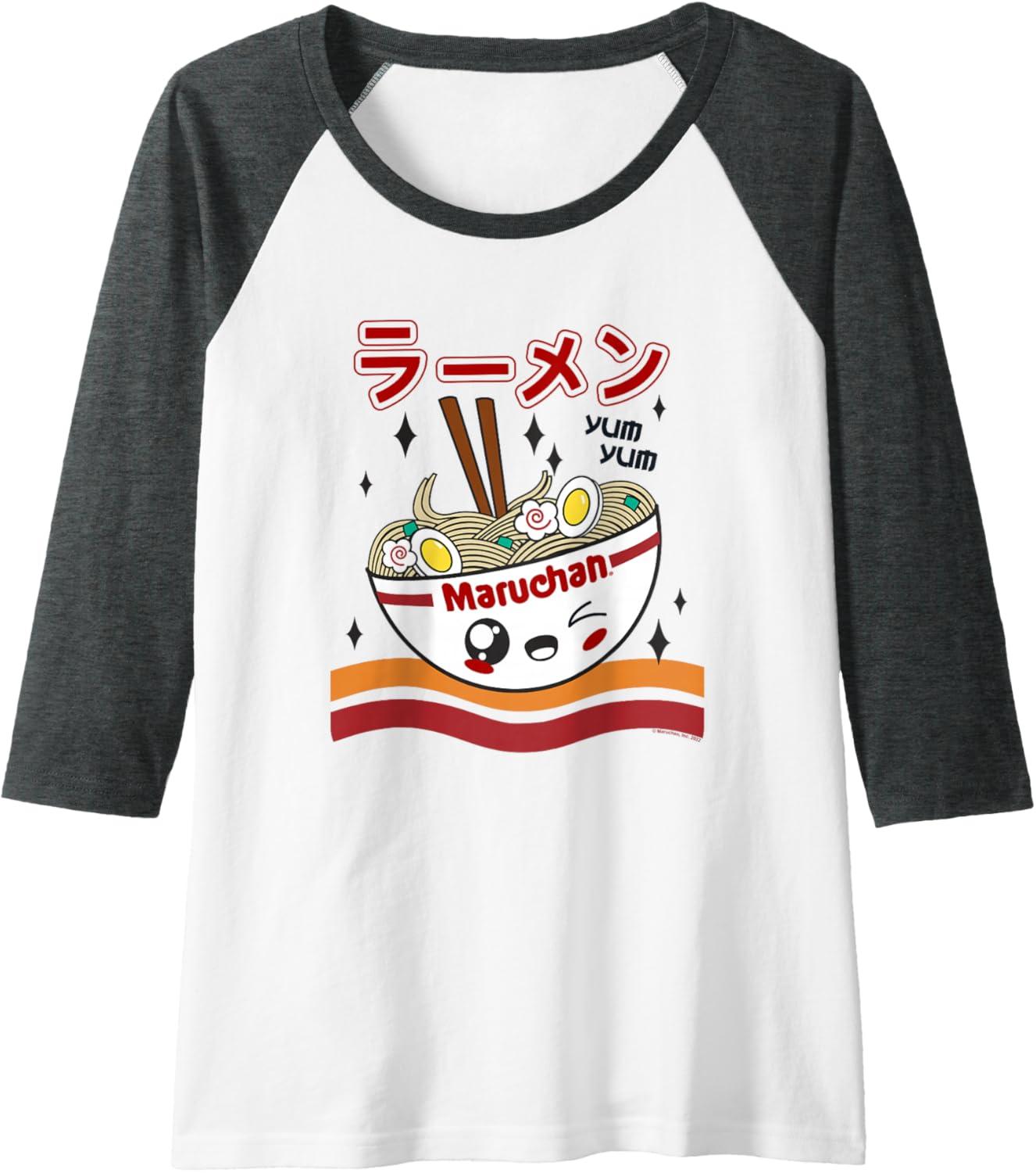 image:imageMaruchan Yum Yum Winking Noodle Bowl Poster Raglan Baseball TeeDark Heather GreyWhite
