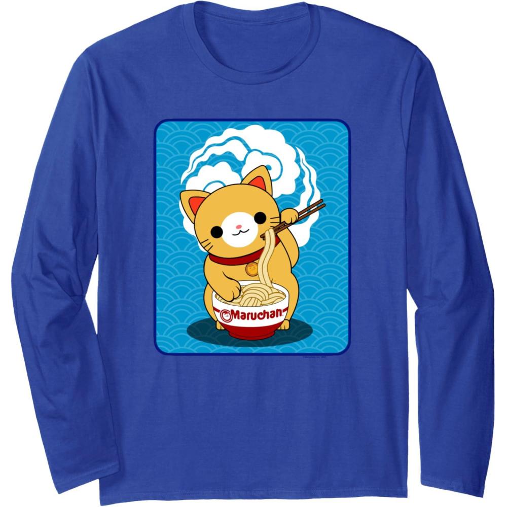 image:imageMaruchan Cat Eating Ramen Noodles Long Sleeve TShirtRoyal Blue