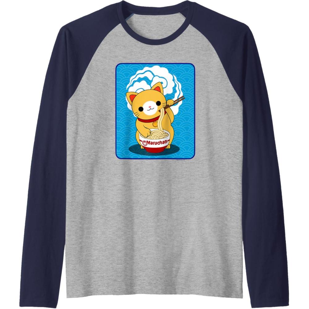 image:imageMaruchan Cat Eating Ramen Noodles Raglan Baseball TeeNavy BlueAthletic Heather