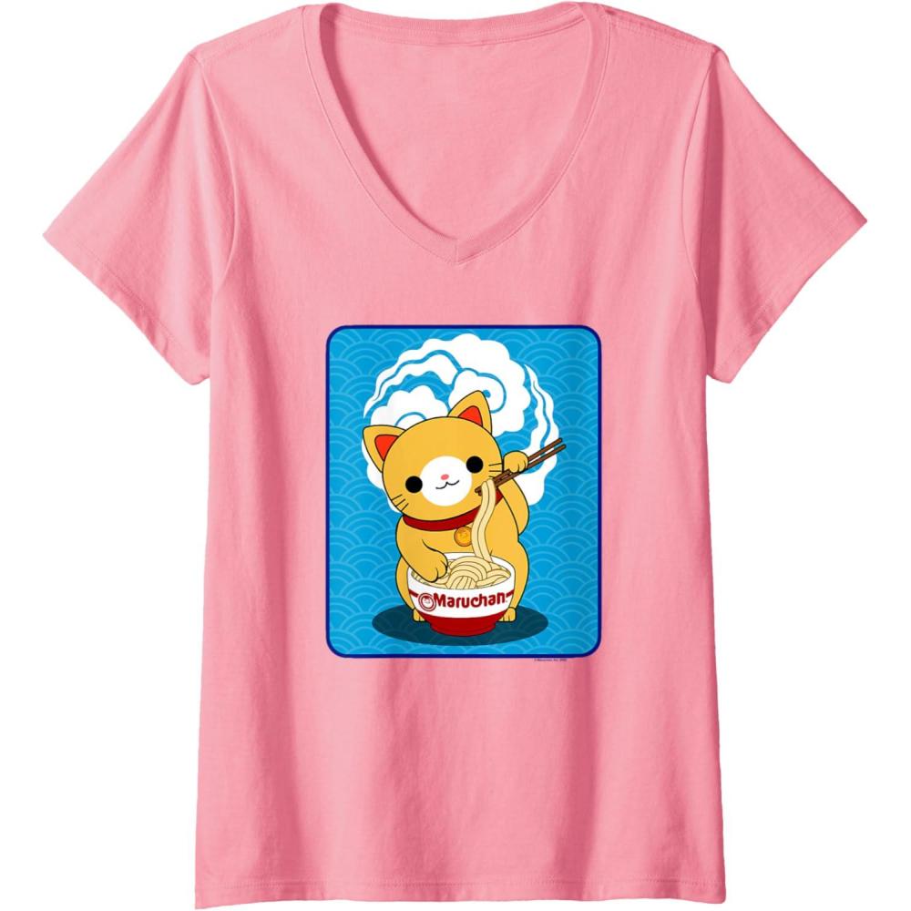 image:imageMaruchan Cat Eating Ramen Noodles VNeck TShirtPink