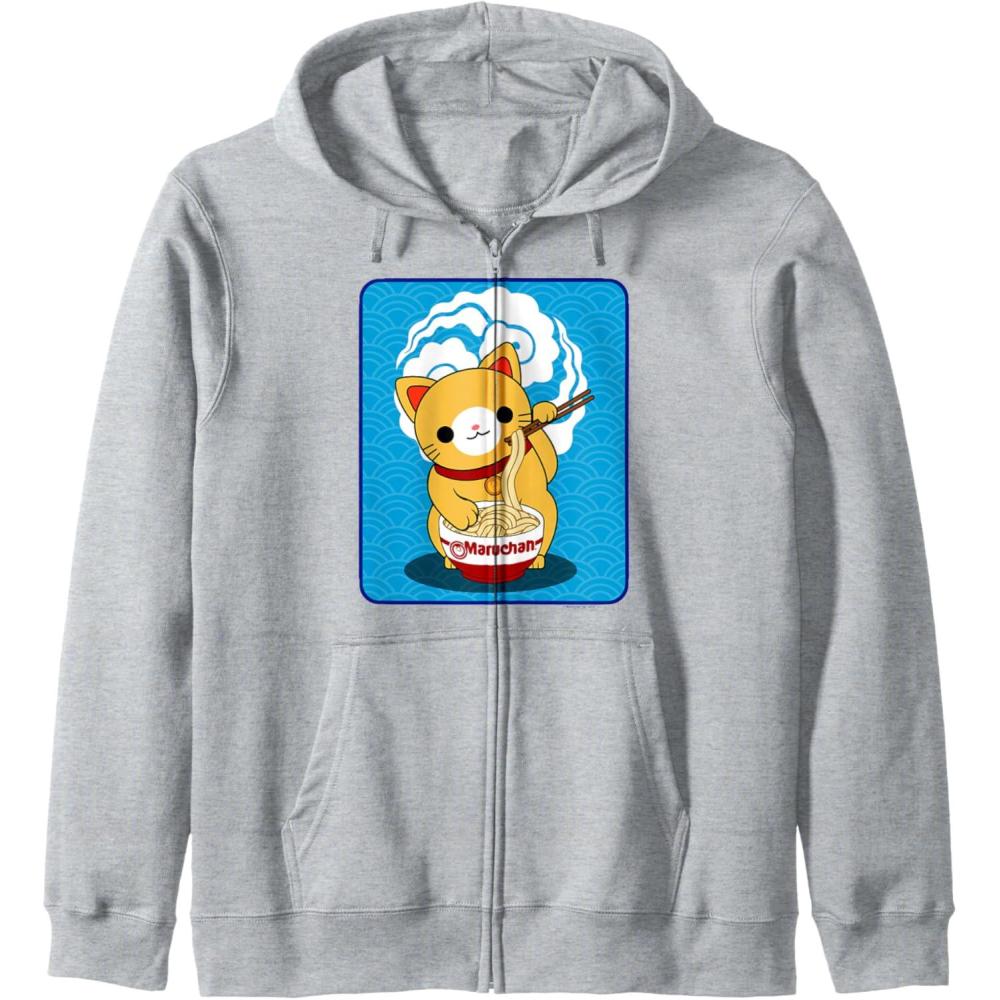 image:imageMaruchan Cat Eating Ramen Noodles Zip HoodieHeather Grey