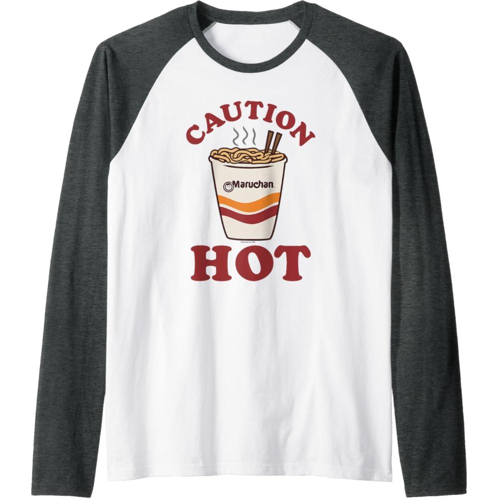 image:imageMaruchan Caution Hot Steaming Noodle Cup Raglan Baseball TeeDark Heather GreyWhite