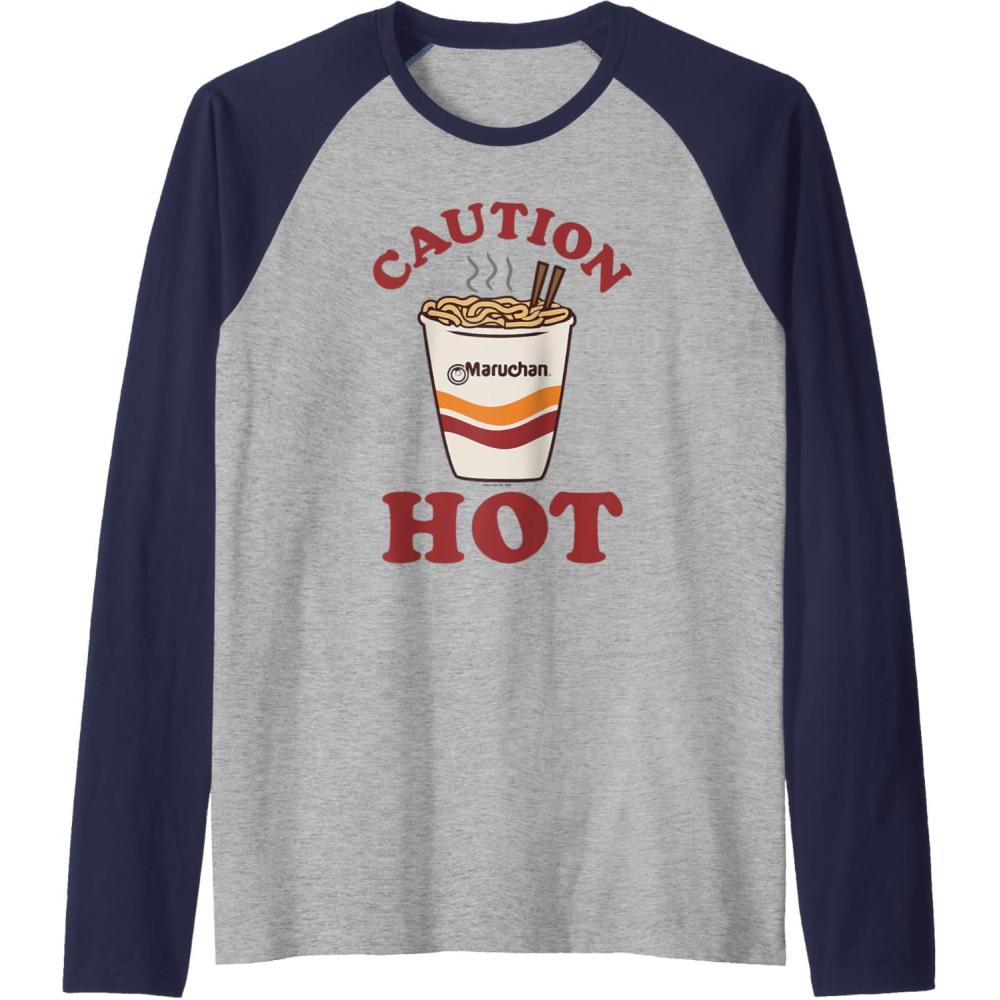 image:imageMaruchan Caution Hot Steaming Noodle Cup Raglan Baseball TeeNavy BlueAthletic Heather