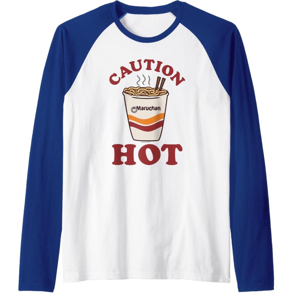 image:imageMaruchan Caution Hot Steaming Noodle Cup Raglan Baseball TeeRoyal BlueWhite