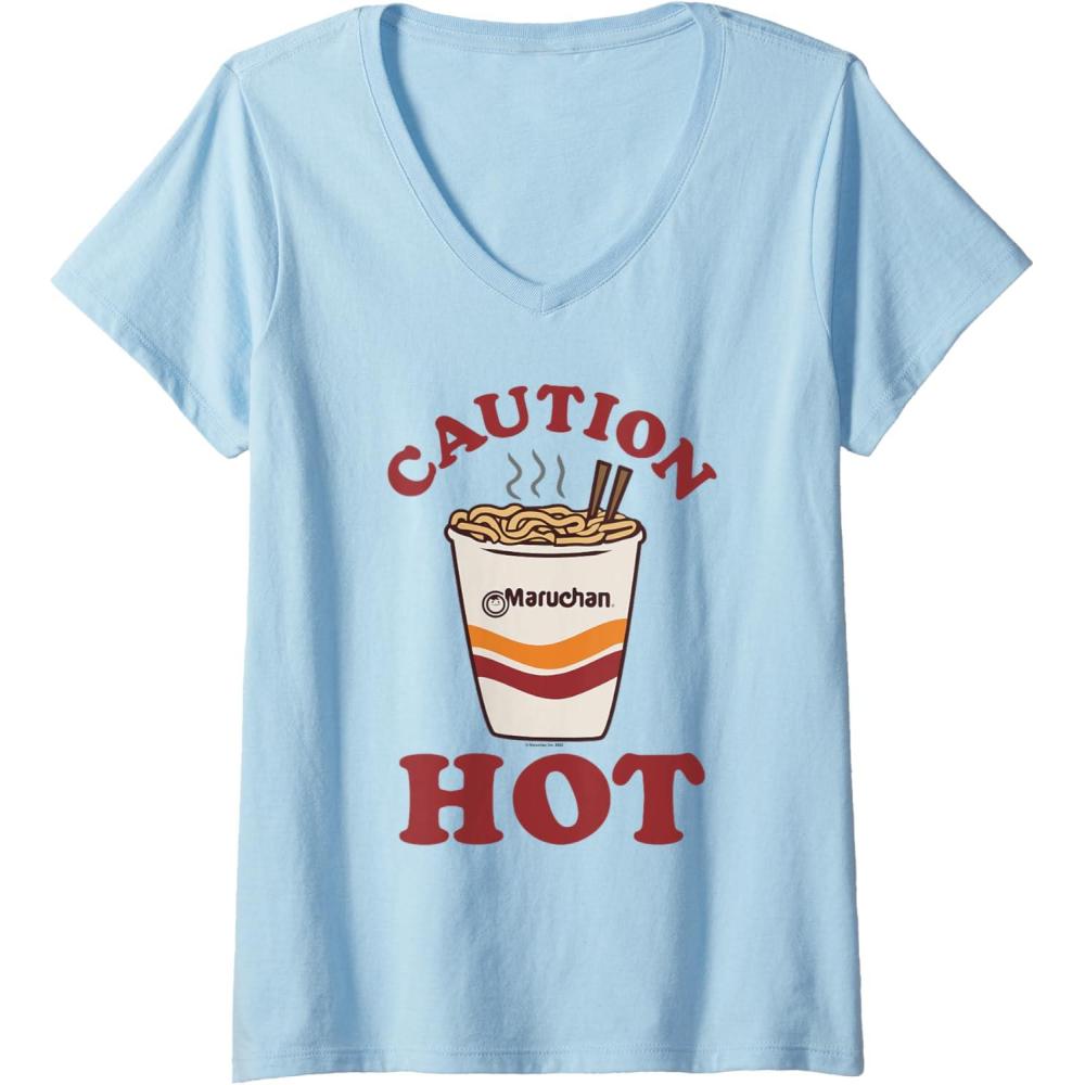 image:imageMaruchan Caution Hot Steaming Noodle Cup VNeck TShirtBaby Blue