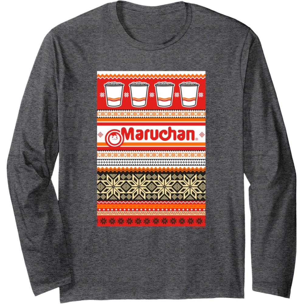 image:imageMaruchan Christmas Instant Lunch Ugly Sweater Style Long Sleeve TShirtDark Heather Grey