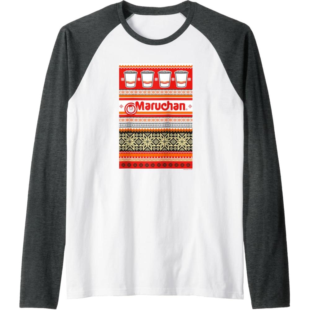 image:imageMaruchan Christmas Instant Lunch Ugly Sweater Style Raglan Baseball TeeDark Heather GreyWhite